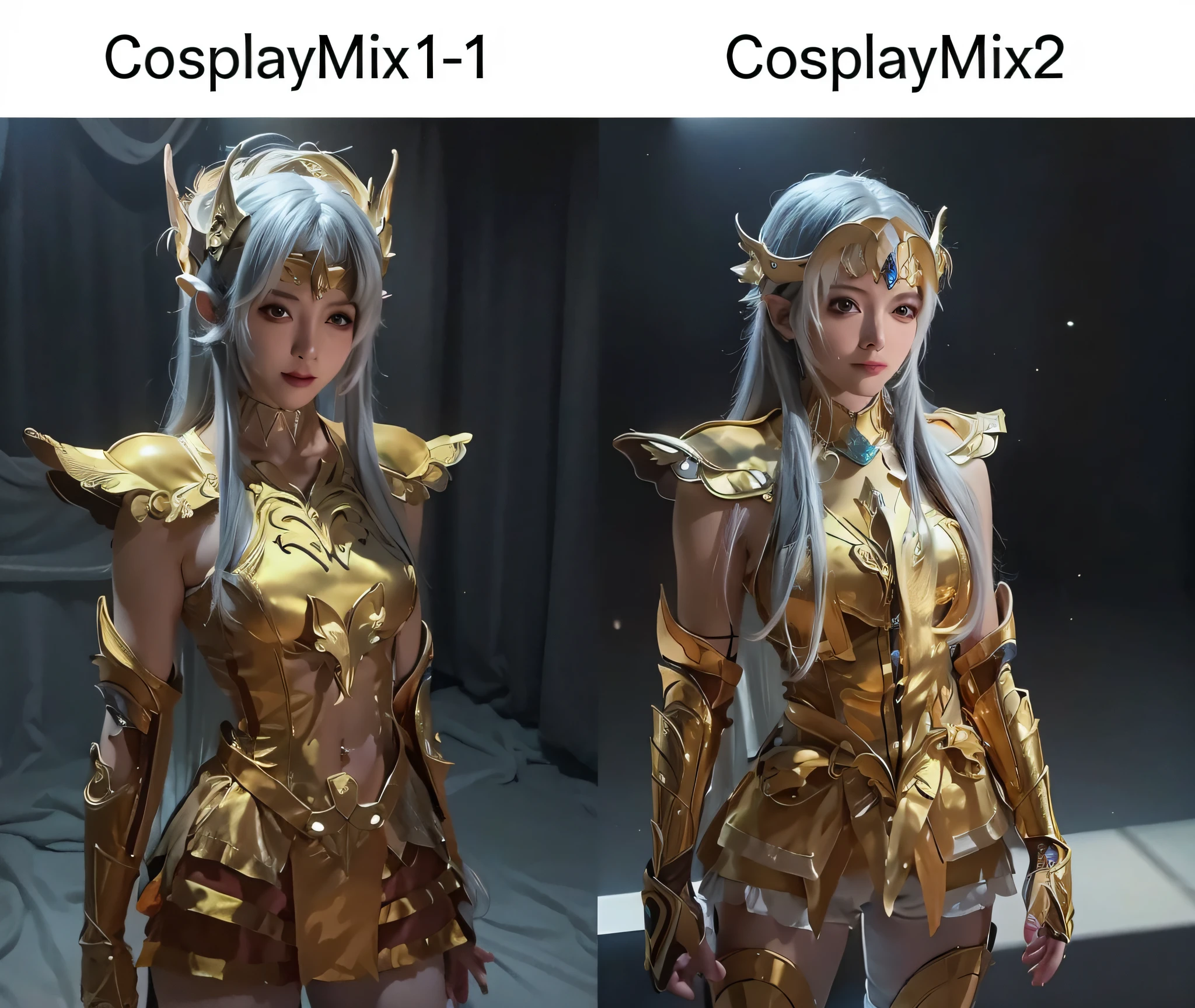 a close up of two pictures of a woman in a gold costume, cosplay, professional cosplay, full-cosplay, cosplayer, realistic cosplay, anime cosplay, ornate cosplay, unreal engine render saint seiya, knights of zodiac girl, cosplay journal cover, anime girl cosplay, cosplay photo, glamourous cosplay, shiny plastic armor, high quality costume, anime highly detailed --auto --s2