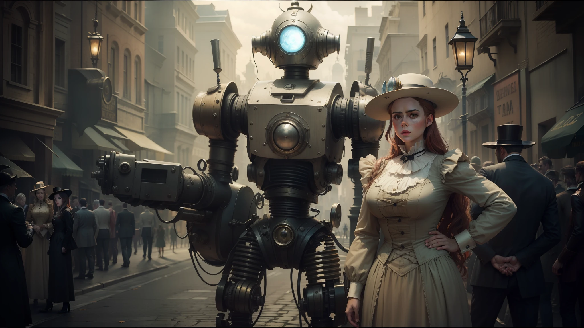 there is a woman standing next to a robot in a street, victorian steampunk mega city, looks a bit similar to amy adams, characters from machinarium, graded with davinci resolve, the jewelpunk aesthetic, half - electric striking woman, medium shot of two characters, by Edwin Dickinson, as a titan, humanization, screengrab, old timey --auto --s2