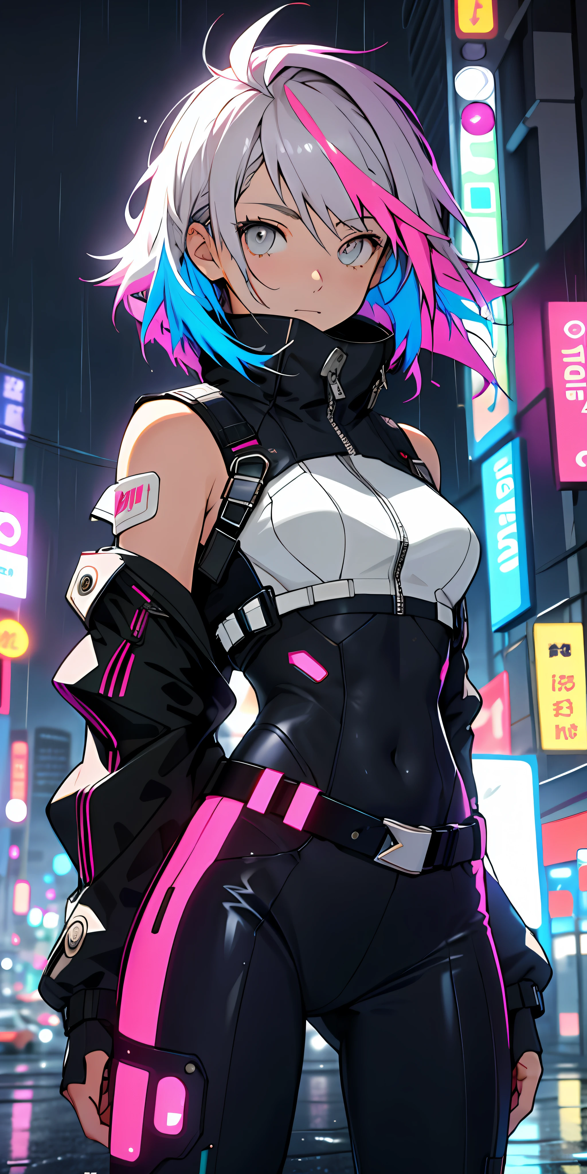 portrait, 1 girl, beautiful face, asymmetrical hair, multi-colored hair, belt, bodysuit, covered mouth, covered navel, detached sleeves, grey eyes, hip vent, open jacket, cute, look at viewer, night city, neon, rainy,