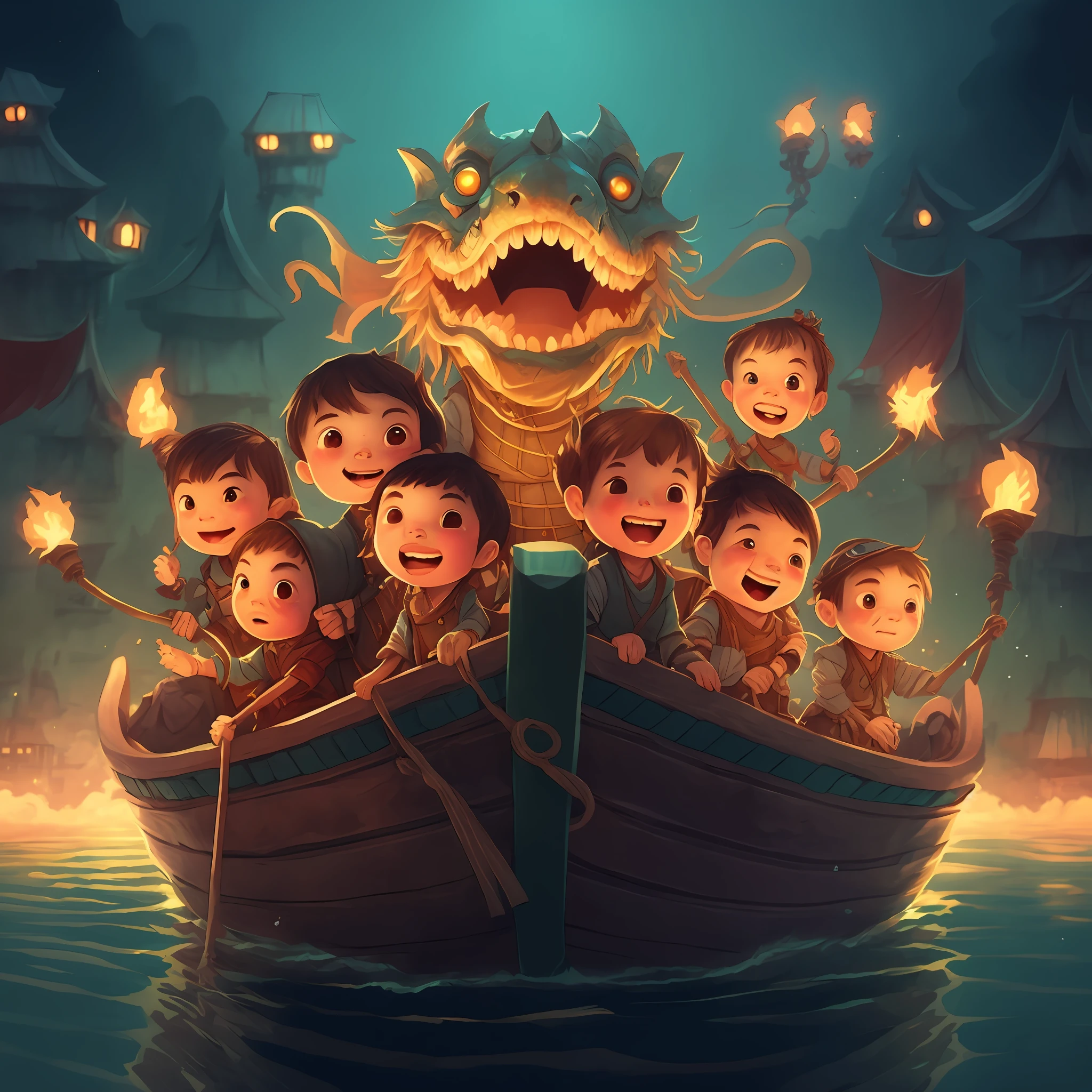 A group of kids on board with the bow of the wooden boat is a cartoon illustration of a dragon head, beautiful artwork illustration, illustrated by Ryan Yee, epic full color illustration, children's art in Artstation, game illustration, Rob Rey and Kentarõ Miura style, Rob Rey, Rob Rey and Kentaro Miura style, mobile game art, children's book illustration, by Tooth Wu, full art illustration, side drawing