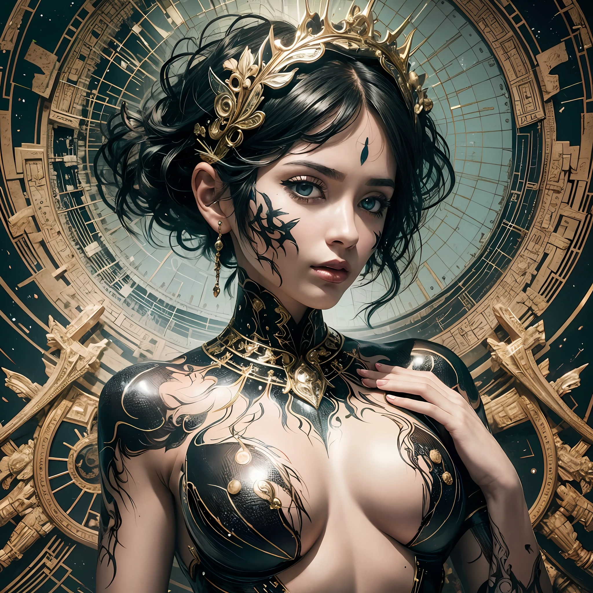 Brunette hair, body painting, surrealism, 8k, super detail, in the details once again show delicate facial features and medium chest, body proportions are perfect, in addition to the rainbow fantasy colors shining on the body.