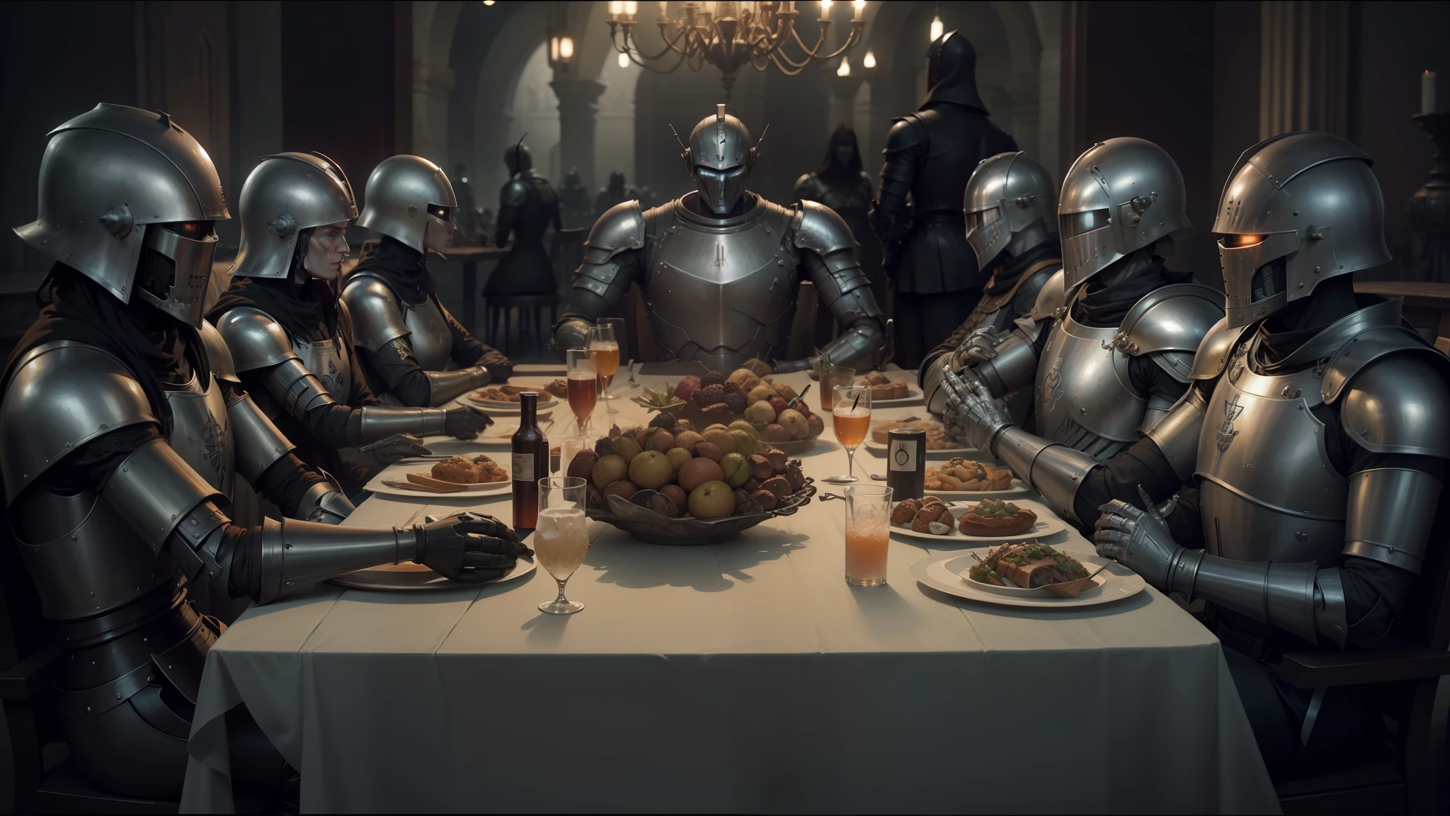 arafed knight armors sit around a table with food and drinks, erwin olaf, the robot wearing the bone crown, androids, rankin, cinematic still in adam | unity, by Simon Marmion, lorem ipsum dolor sit amet, characters from machinarium, freemasons, by Otto Pilny --auto --s2