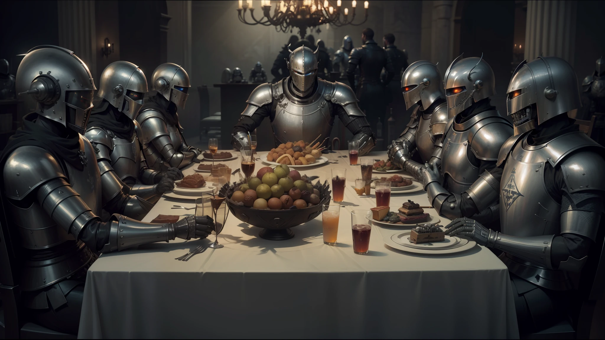 arafed knight armors sit around a table with food and drinks, erwin olaf, the robot wearing the bone crown, androids, rankin, cinematic still in adam | unity, by Simon Marmion, lorem ipsum dolor sit amet, characters from machinarium, freemasons, by Otto Pilny --auto --s2