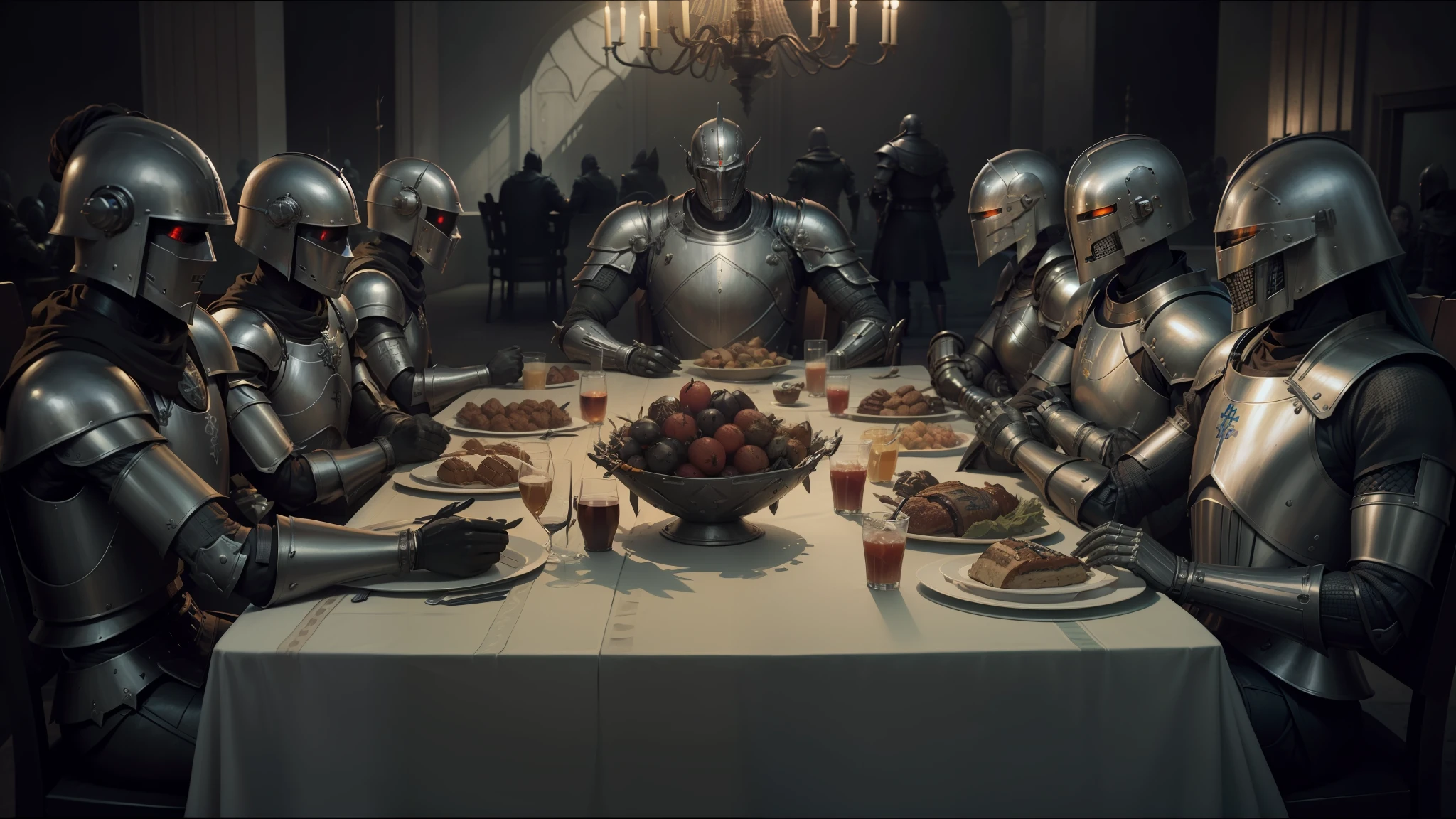 arafed knight armors sit around a table with food and drinks, erwin olaf, the robot wearing the bone crown, androids, rankin, cinematic still in adam | unity, by Simon Marmion, lorem ipsum dolor sit amet, characters from machinarium, freemasons, by Otto Pilny --auto --s2