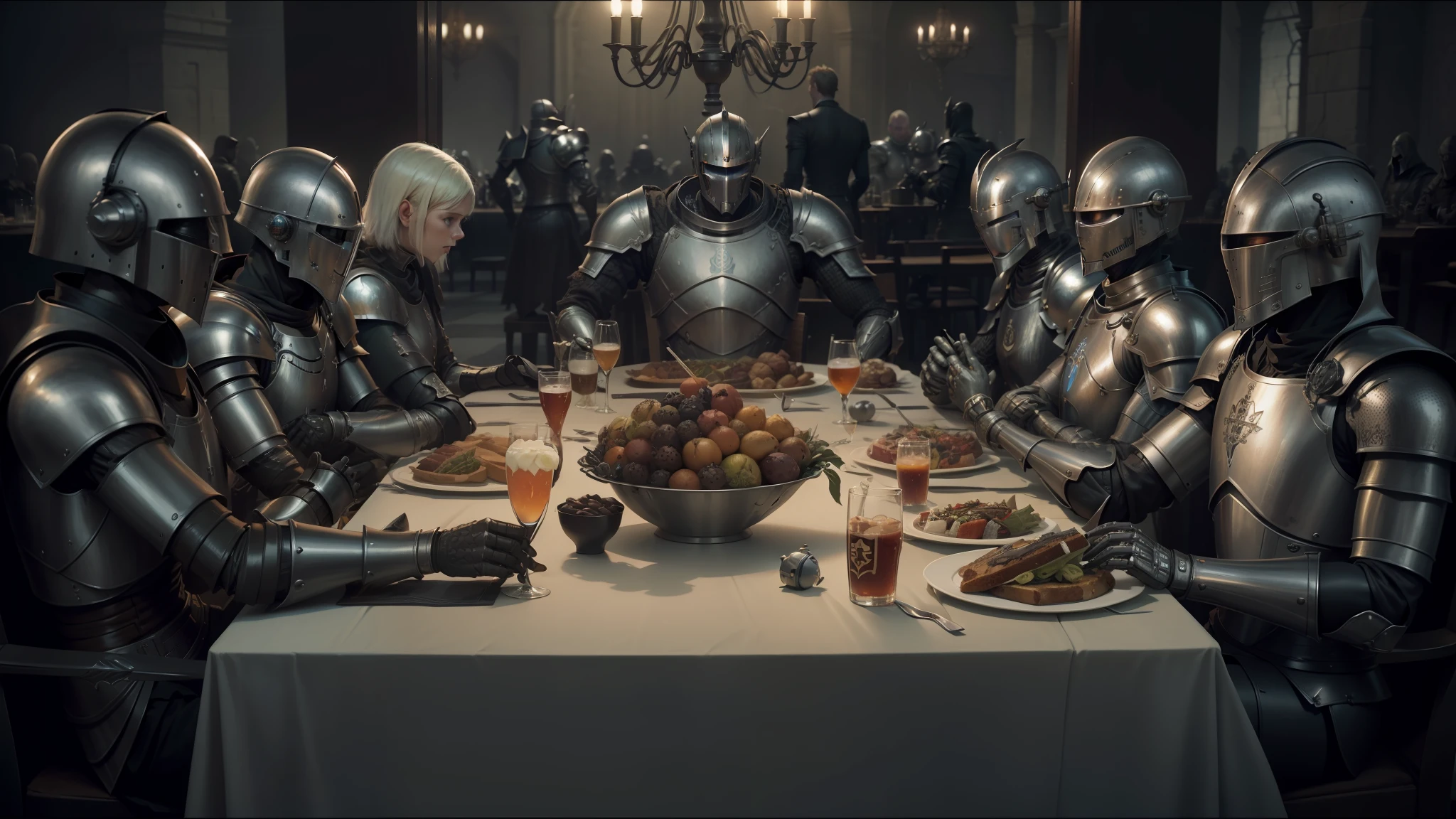 arafed knight armors sit around a table with food and drinks, erwin olaf, the robot wearing the bone crown, androids, rankin, cinematic still in adam | unity, by Simon Marmion, lorem ipsum dolor sit amet, characters from machinarium, freemasons, by Otto Pilny --auto --s2