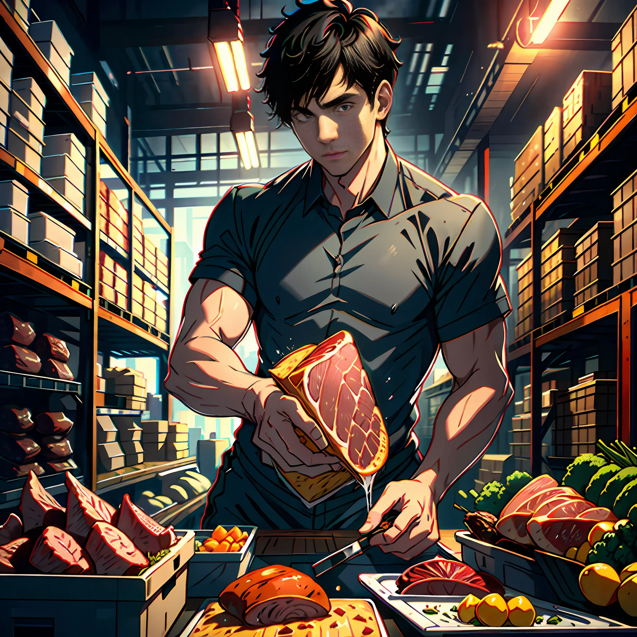 A handsome boy with short black hair, in a huge warehouse, piled with meat, highly real, UHD, chiaroscuro, super high detail
