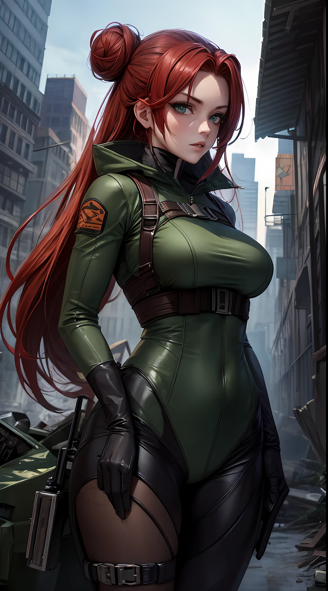 Masterpiece, best quality, sexy beautiful woman, red hair with a bun, green beautiful eyes, in a stalker costume, looking for supplies in a dead and abandoned city