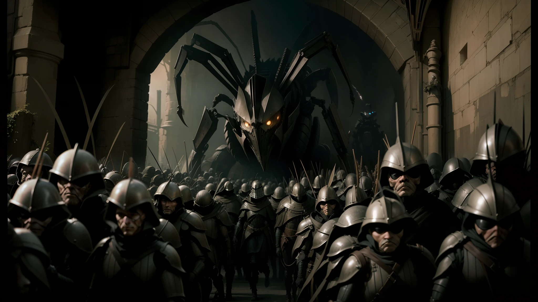 arafed image of a group of soldiers in a tunnel, the queen of blades, disney weta portrait, roger deakin’s cinematography, giant spider foreground, below is the crowd, in a factory, kingdom of elves, animatronics, migrant mother, screengrab, parade, inspired by Hans Eduard von Berlepsch-Valendas, britain --auto --s2