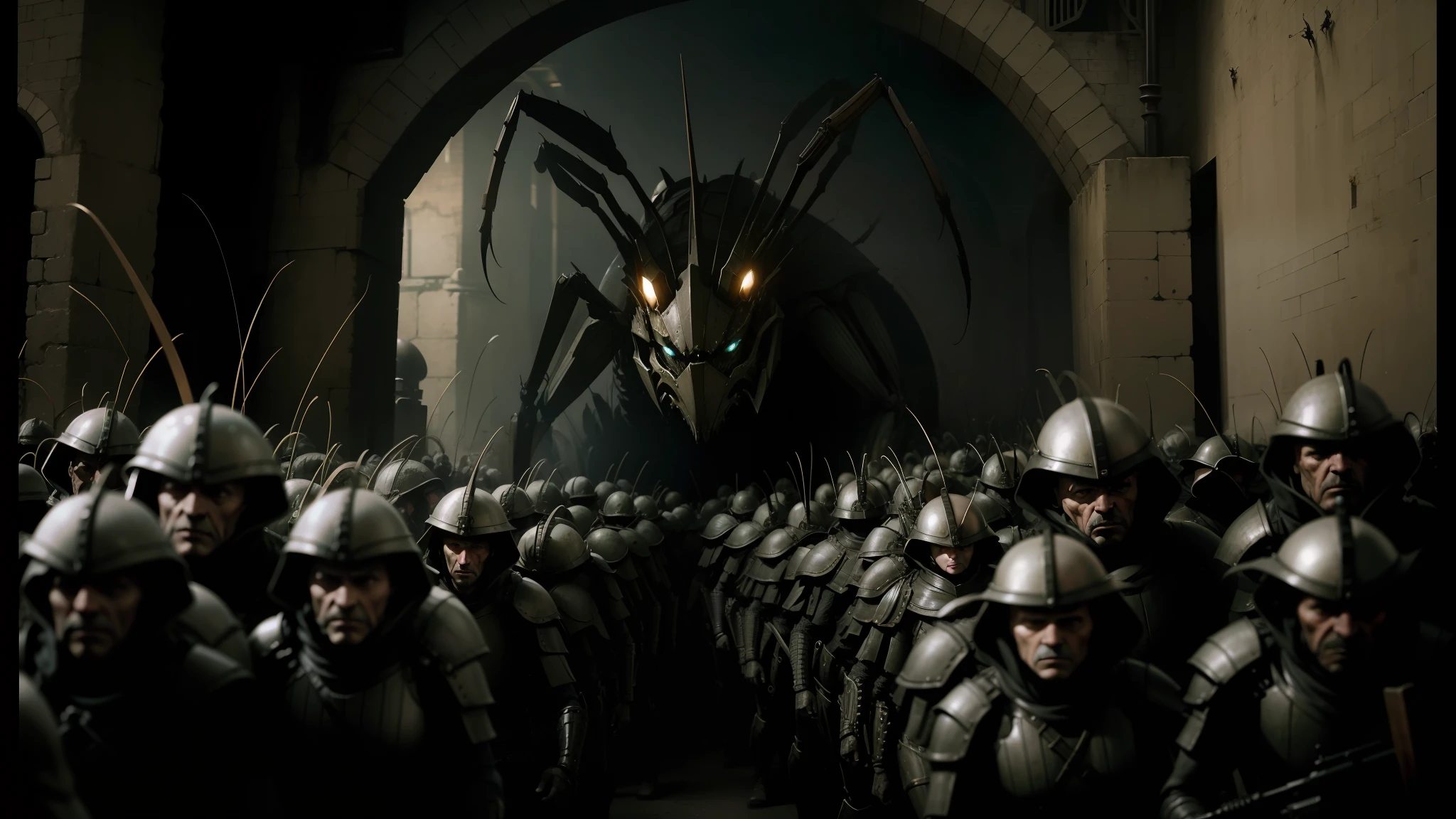 arafed image of a group of soldiers in a tunnel, the queen of blades, disney weta portrait, roger deakin’s cinematography, giant spider foreground, below is the crowd, in a factory, kingdom of elves, animatronics, migrant mother, screengrab, parade, inspired by Hans Eduard von Berlepsch-Valendas, britain --auto --s2