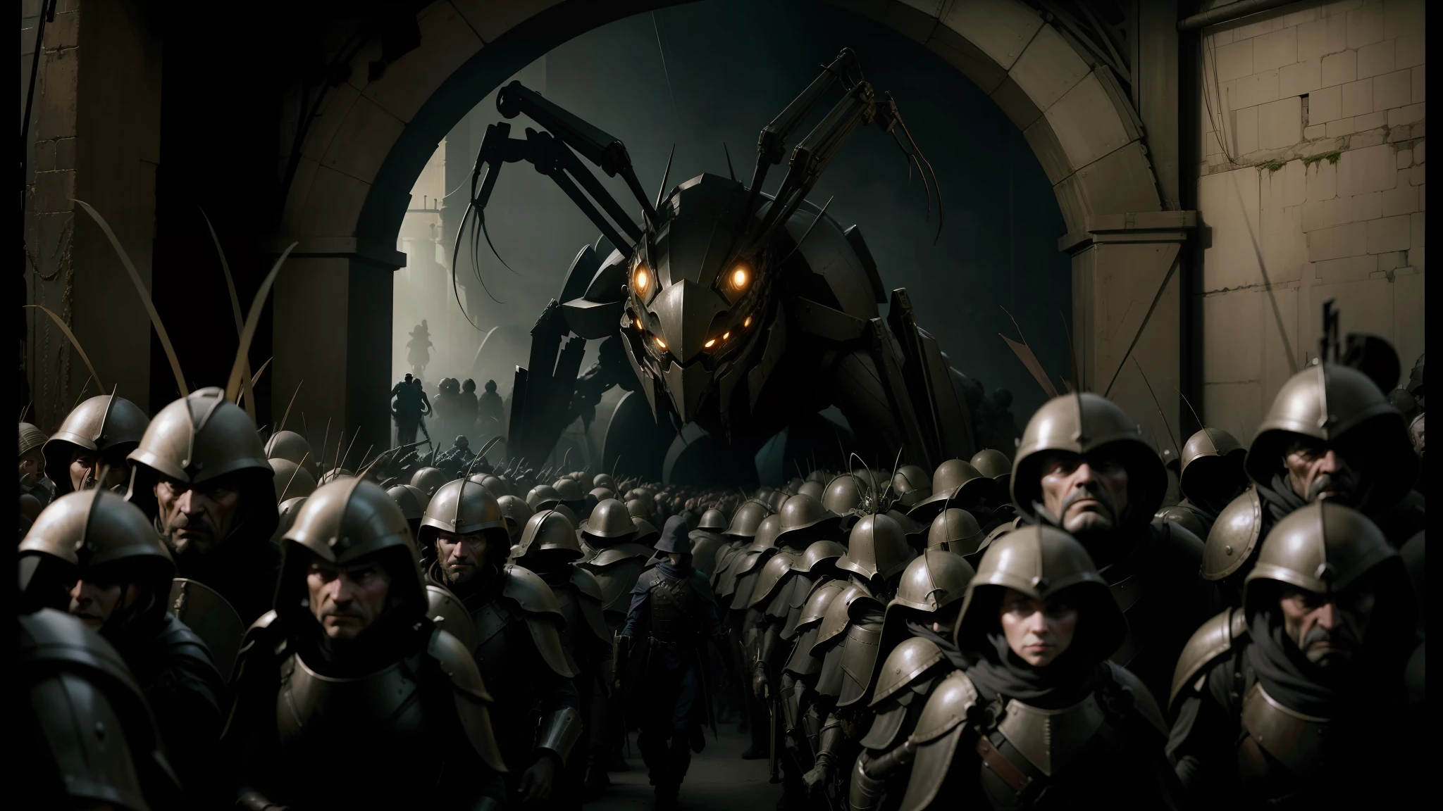 arafed image of a group of soldiers in a tunnel, the queen of blades, disney weta portrait, roger deakin’s cinematography, giant spider foreground, below is the crowd, in a factory, kingdom of elves, animatronics, migrant mother, screengrab, parade, inspired by Hans Eduard von Berlepsch-Valendas, britain --auto --s2