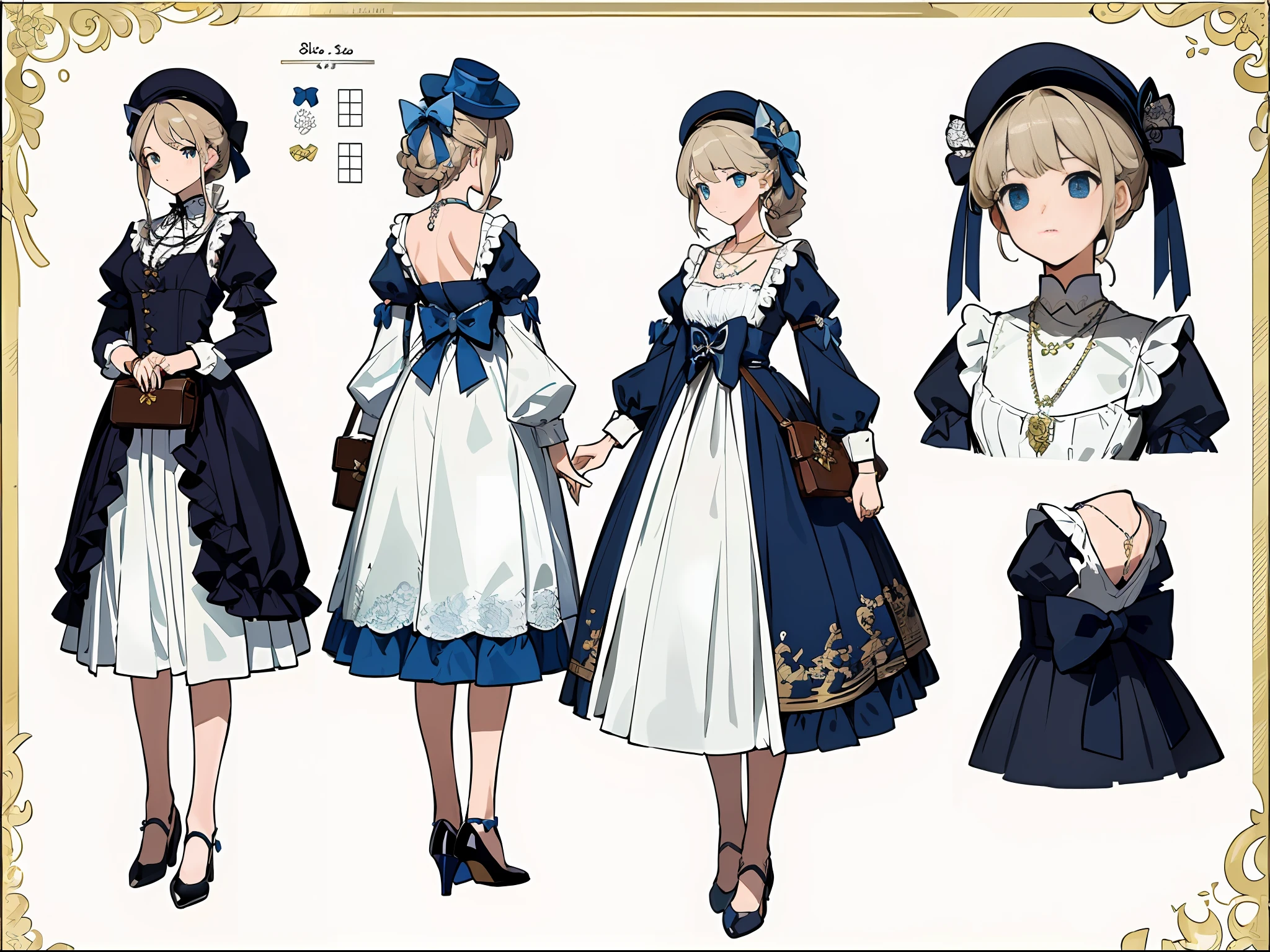 (Masterpiece, Best Quality) Detailed, Character sheet, Character sheet, many items (dresses, necklaces, lace, bows, hats, handbags, shoes, fans, decorations, many parts), aristocratic girls, dinner, full of details, multiple poss and expressions, highly detailed, depth, many parts