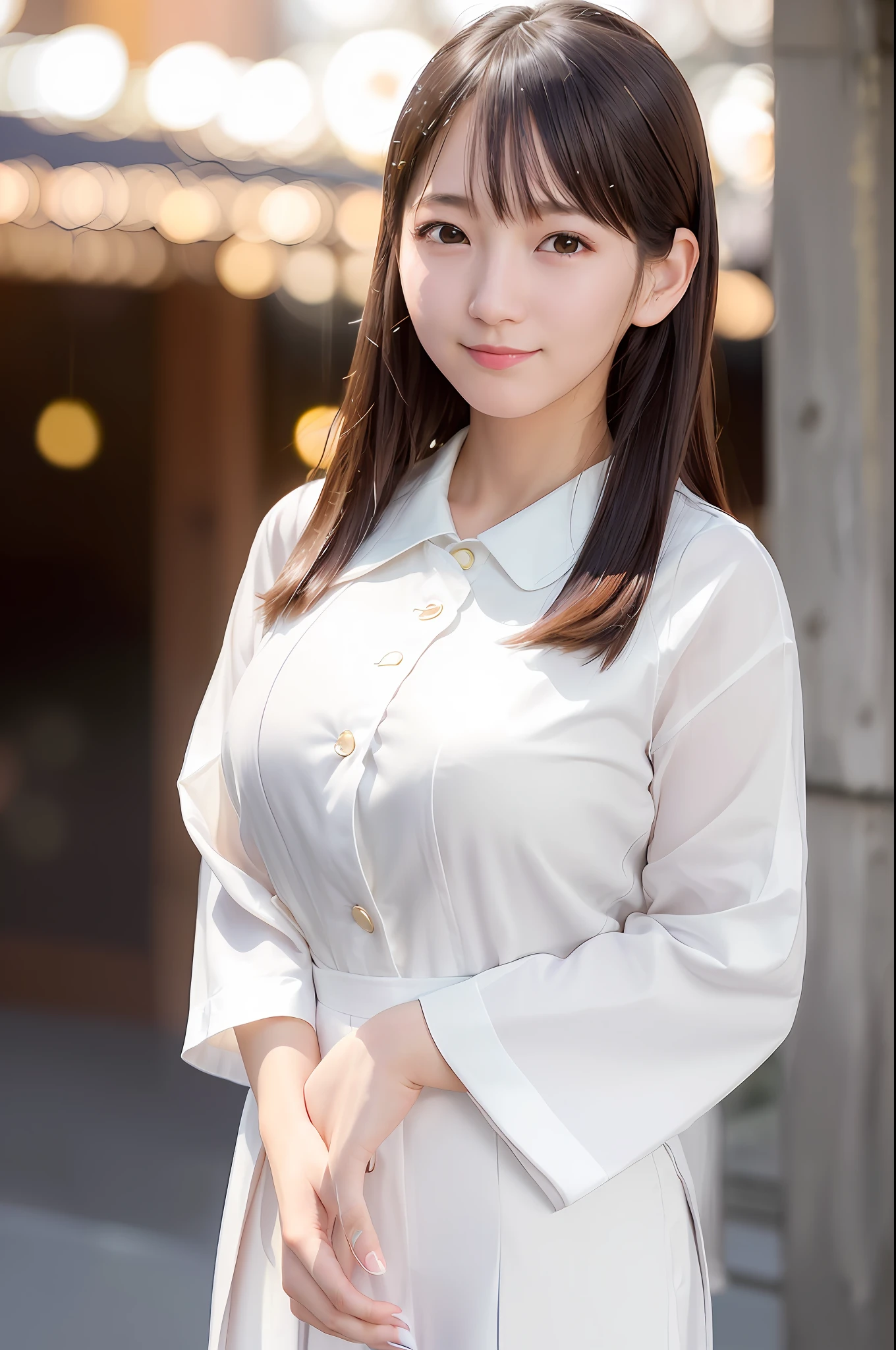 (Skin Blemishes: 1.2), (Skin Dent), Black Eyes, 1 Woman, 21 years old, ((((Female))), Solo, Realistic, Best Quality, Photorealistic, Masterpiece, 8K, High Resolution, Solo, Highly Detailed Face, (Professional Lighting, Bokeh), (Light Particles, Lens Flare, Luminous Particles: 0.6), (Dynamic Pose: 1.2), Soft Lighting, Angle View from Above Fashionable and trendy atmosphere, Japan, street, Tokyo, city, ((daytime)), sky, ((viewer's perspective: 1)), (camera perspective), (portrait: 0.6), cowboy shot, gorgeous, standing, keeping original facial proportions, wide shoulders, full body, (big breasts), (long hair), black hair, floating hair, lips, lipstick, seductive smile, floating hair, smile, open mouth, teeth , (sailor suit), (Japan school uniform), eyelashes, mole, (mole under eyes:1), slim