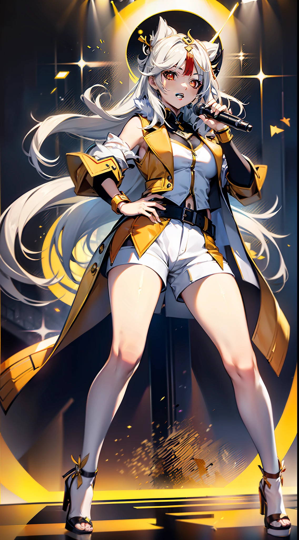 Singing and dancing singer, ((Genshin), (staring light)), long white hair, red eyes, confident expression, {clothing description: (yellow leather jacket), (white vest), (white shorts), (bare legs), (yellow high heels)}, (pure gray background), ((full body shot))