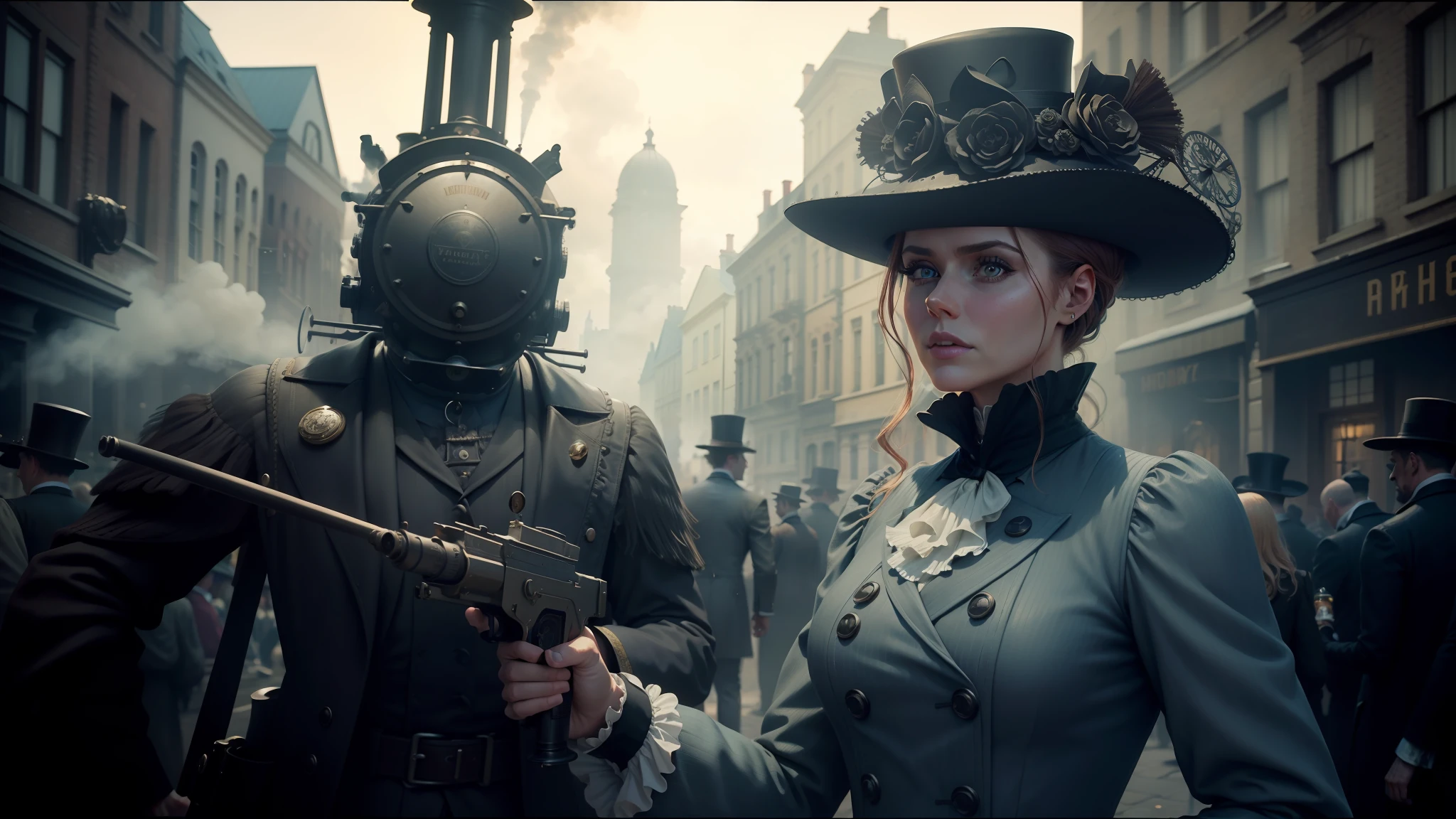 there is a woman in a hat and a steam engine, highly detailed surreal vfx, victorian city, futuristic fashion clothing, looks a bit similar to amy adams, holding a futuristic gun, ambrotype, necromunda, gustave, in a street, jeremy bennett, anthropomorphic humanoid, screengrab --auto --s2