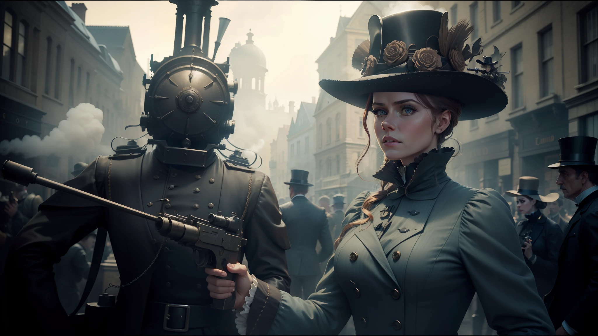 there is a woman in a hat and a steam engine, highly detailed surreal vfx, victorian city, futuristic fashion clothing, looks a bit similar to amy adams, holding a futuristic gun, ambrotype, necromunda, gustave, in a street, jeremy bennett, anthropomorphic humanoid, screengrab --auto --s2