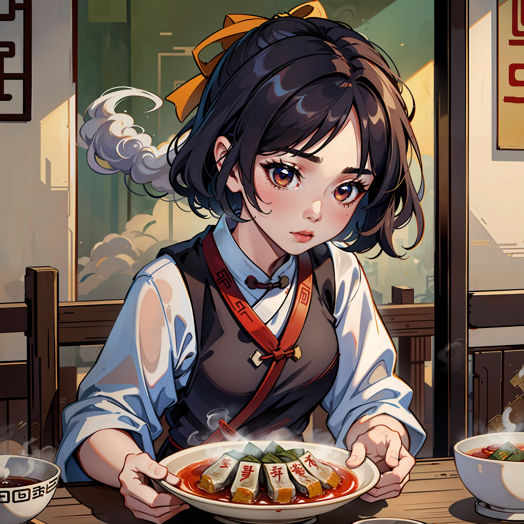 A girl holds a half-open zongzi with smoke on it, and the zongzi have a close-up, and the overall atmosphere is traditional Chinese --auto --s2