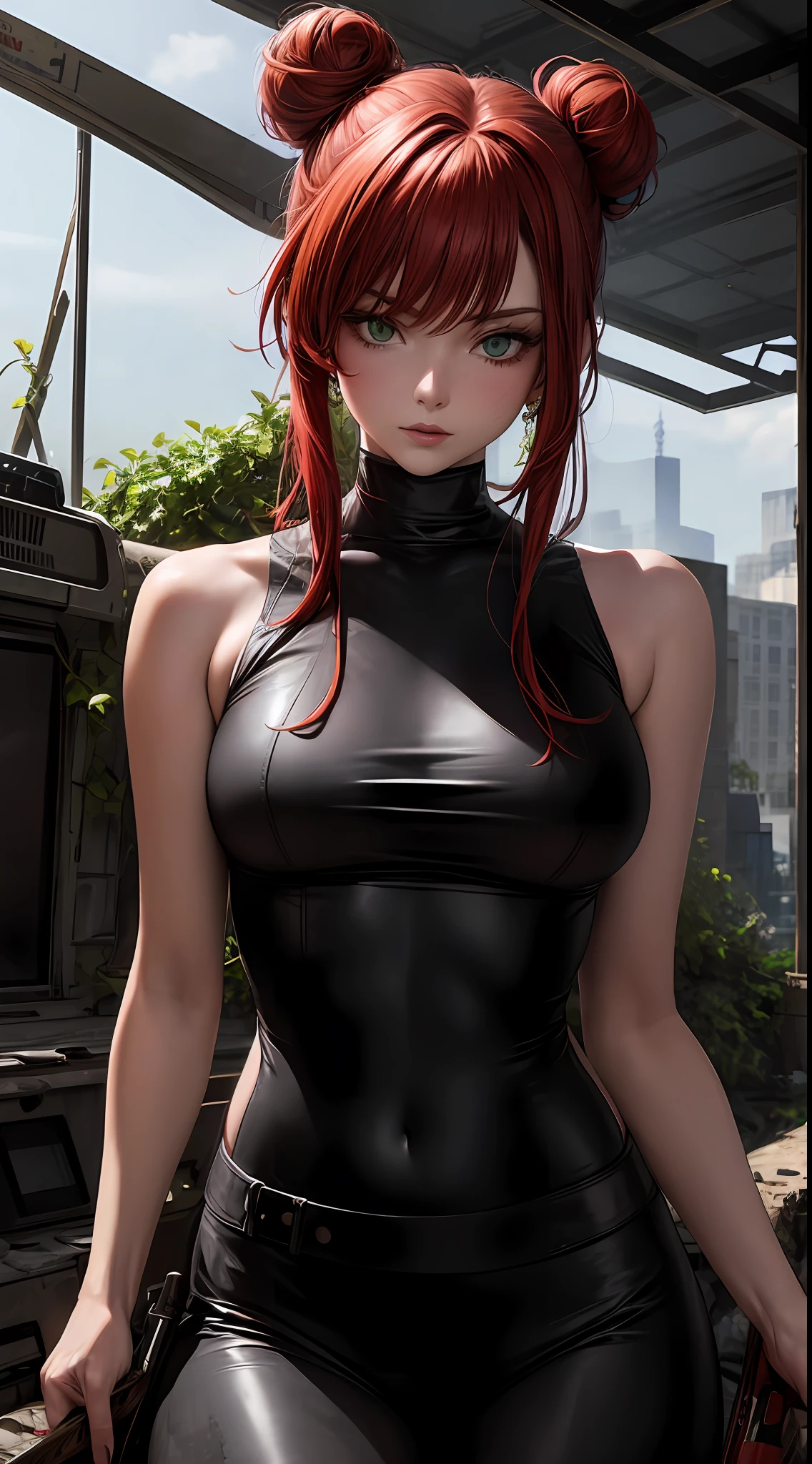 Masterpiece, best quality, sexy beautiful  woman, red hair with a bun, green beautiful eyes, in a stalker costume, looking for supplies in a dead and abandoned city