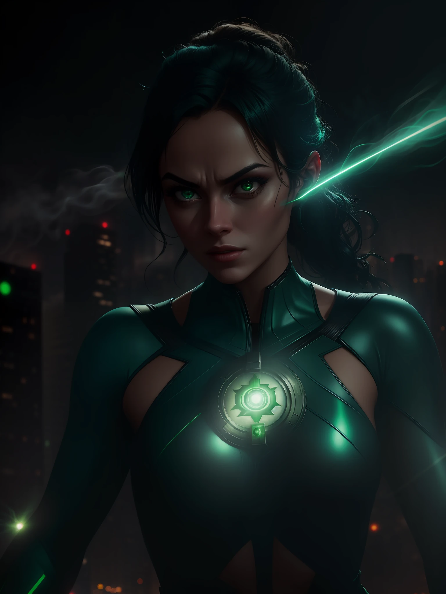 Scene from the movie, Woman dressed as Green Lantern from DC, extremely detailed, futuristic cityscape, nighttime, glowing neon lights, smoke, sparks, metal shavings, flying debris, blue energy effects, volumetric light