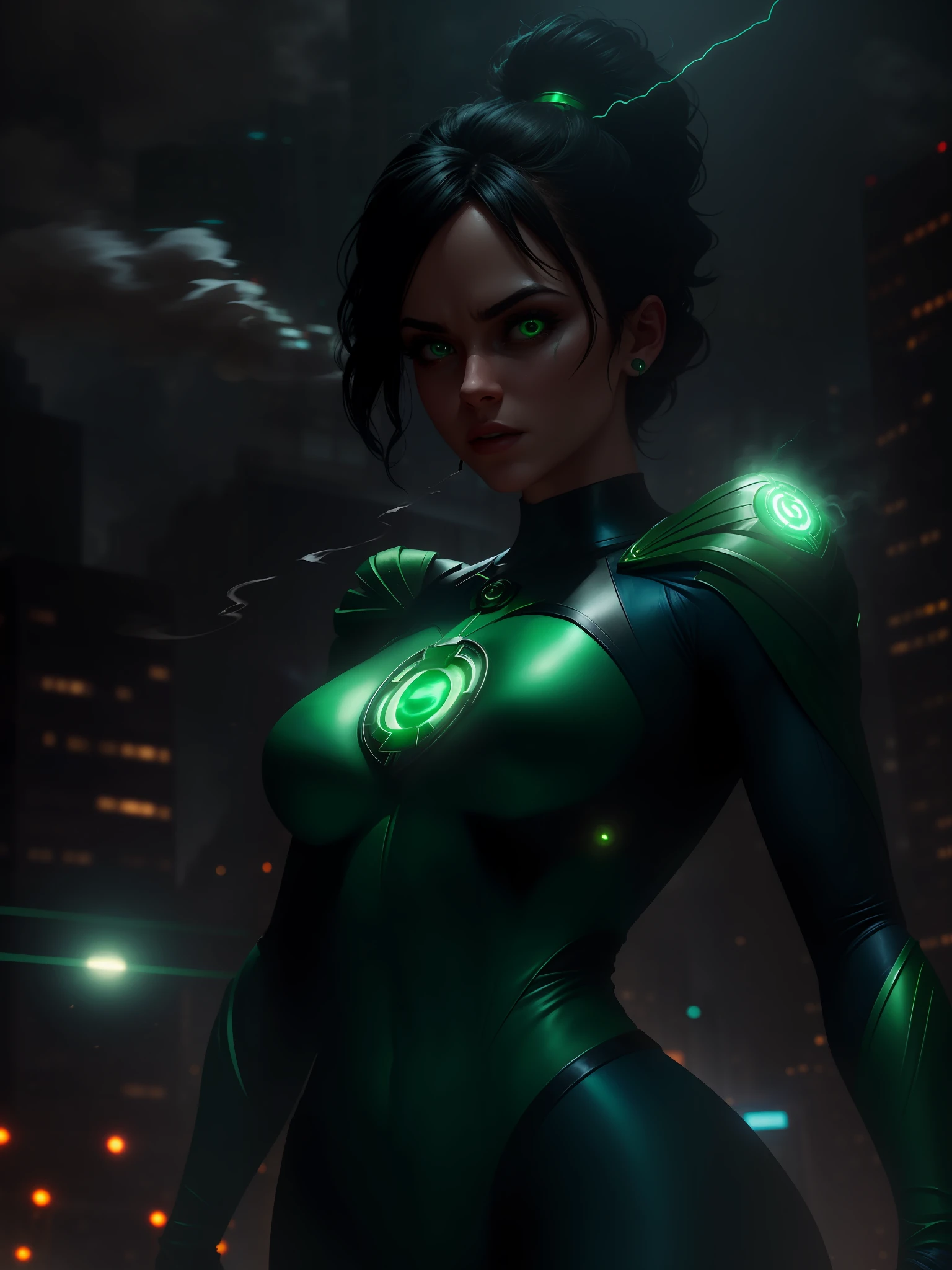 Scene from the movie, Woman dressed as Green Lantern from DC, extremely detailed, futuristic cityscape, nighttime, glowing neon lights, smoke, sparks, metal shavings, flying debris, blue energy effects, volumetric light