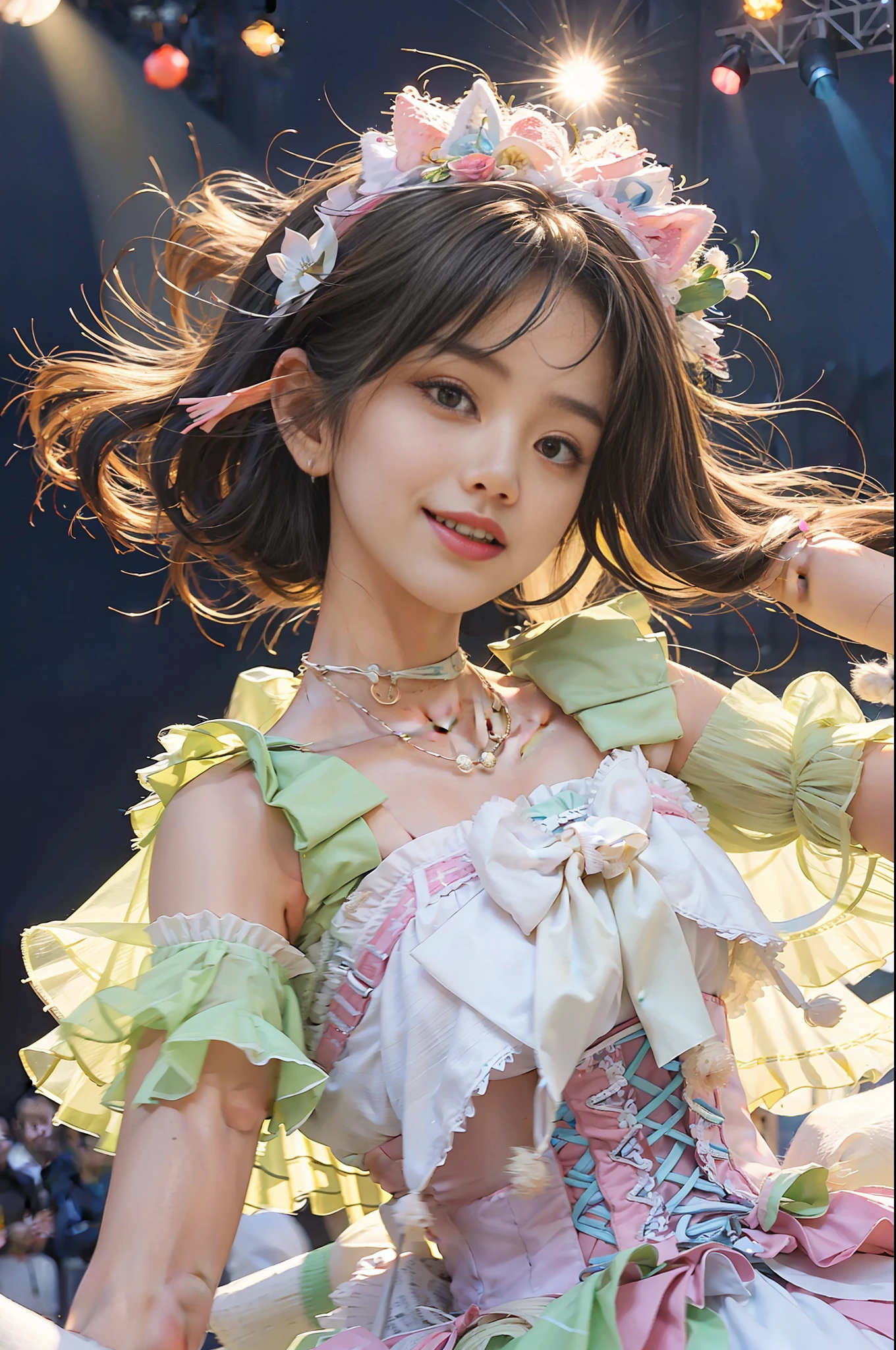 As a photographer, I would capture the energy and excitement of a young idol performing on stage. The scene is set against a backdrop of a brightly lit stage, with the audience cheering and clapping in the background. The young idol is dressed in a colorful and eye-catching outfit, with their hair styled in a trendy and modern way. They are dancing and singing with passion and energy, with their movements and expressions conveying a sense of joy and enthusiasm. As they perform, I would focus on capturing the intricate details of their outfit, as well as the beauty and power of their movements. I would also capture images of the surrounding stage, with its bright lights and dynamic design adding to the sense of excitement and energy. As the performance reaches its climax, I would capture images of the audience, with their faces filled with joy and excitement. I would also capture images of the young idol, as they take their final bow and bask in the applause and adoration of their fans. These images would serve as a celebration of the power of music and performance, as well as the beauty and energy of youth. They would also serve as a reminder of the importance of pursuing our passions and sharing our talents with the world. Overall, my images would capture the sense of energy and excitement that comes with encountering a young idol performing on stage. The images would serve as a celebration of the power of music and performance to inspire and uplift us, and the importance of cherishing the simple moments of beauty and passion in our lives.