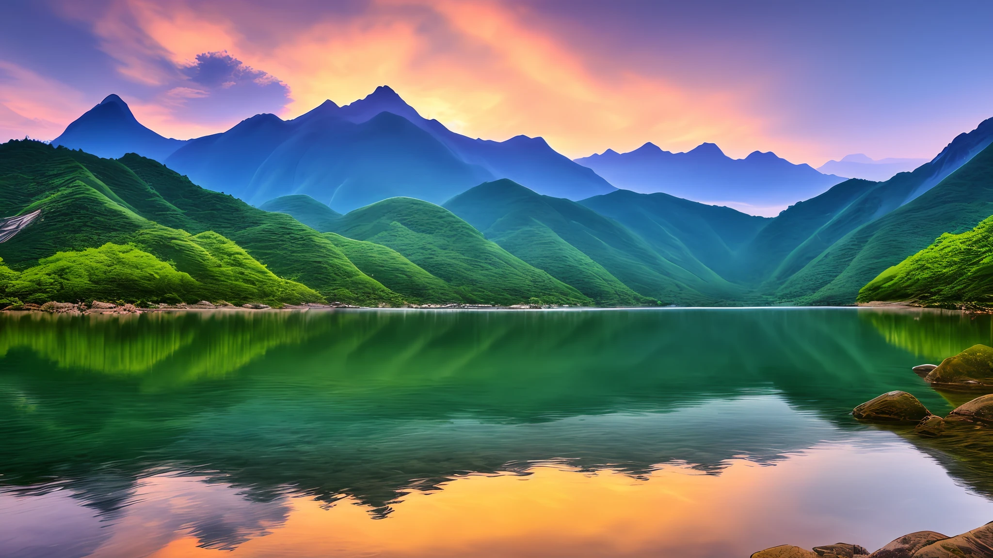 A beautiful Korean mountain and lake, (masterpiece), (portrait), (raw photo), (highly detailed CG unity 8k wallpaper) intricate, sharp focus, dramatic, realistic art