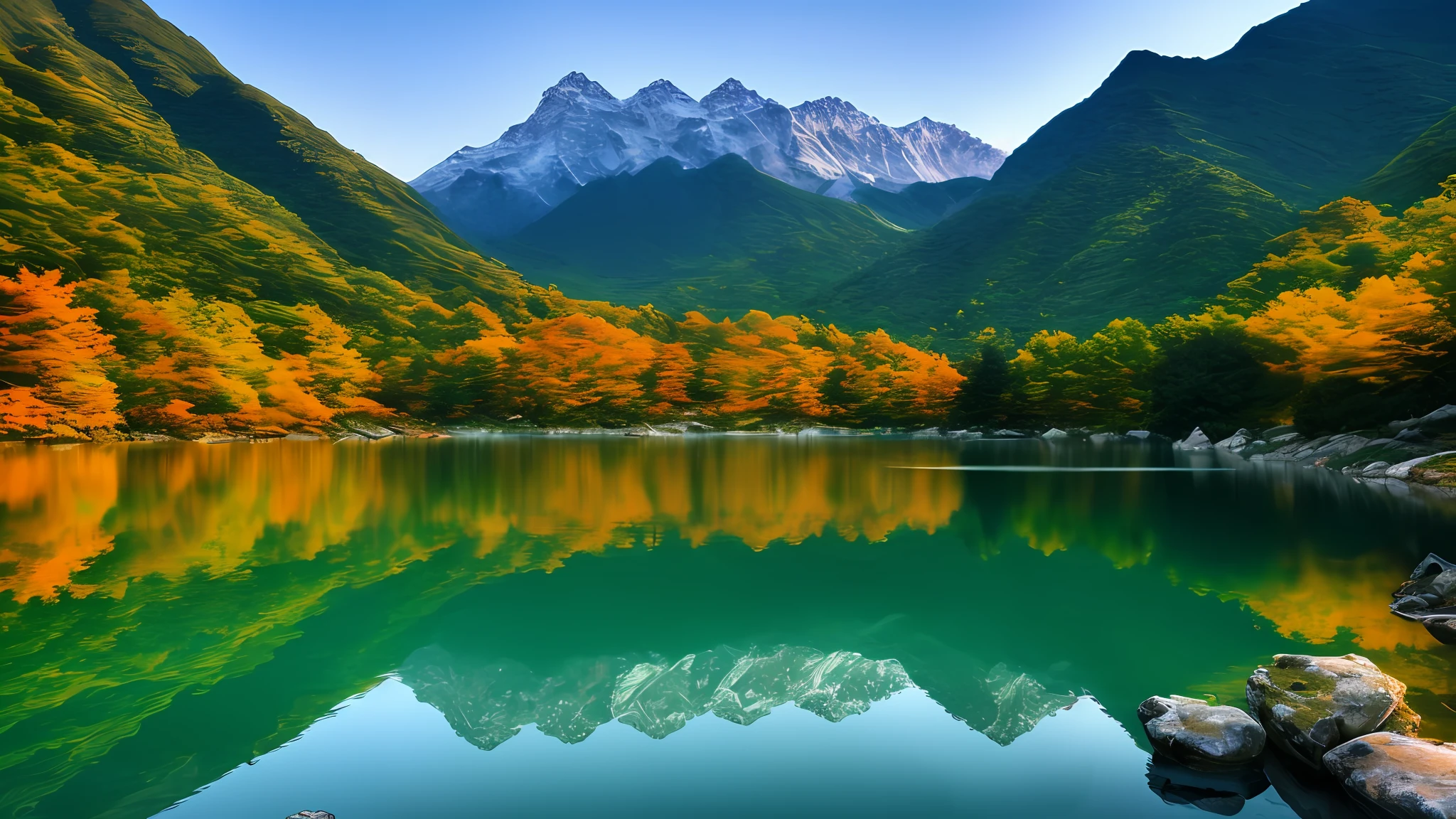 A beautiful Korean mountain and lake, (masterpiece), (portrait), (raw photo), (highly detailed CG unity 8k wallpaper) intricate, sharp focus, dramatic, realistic art