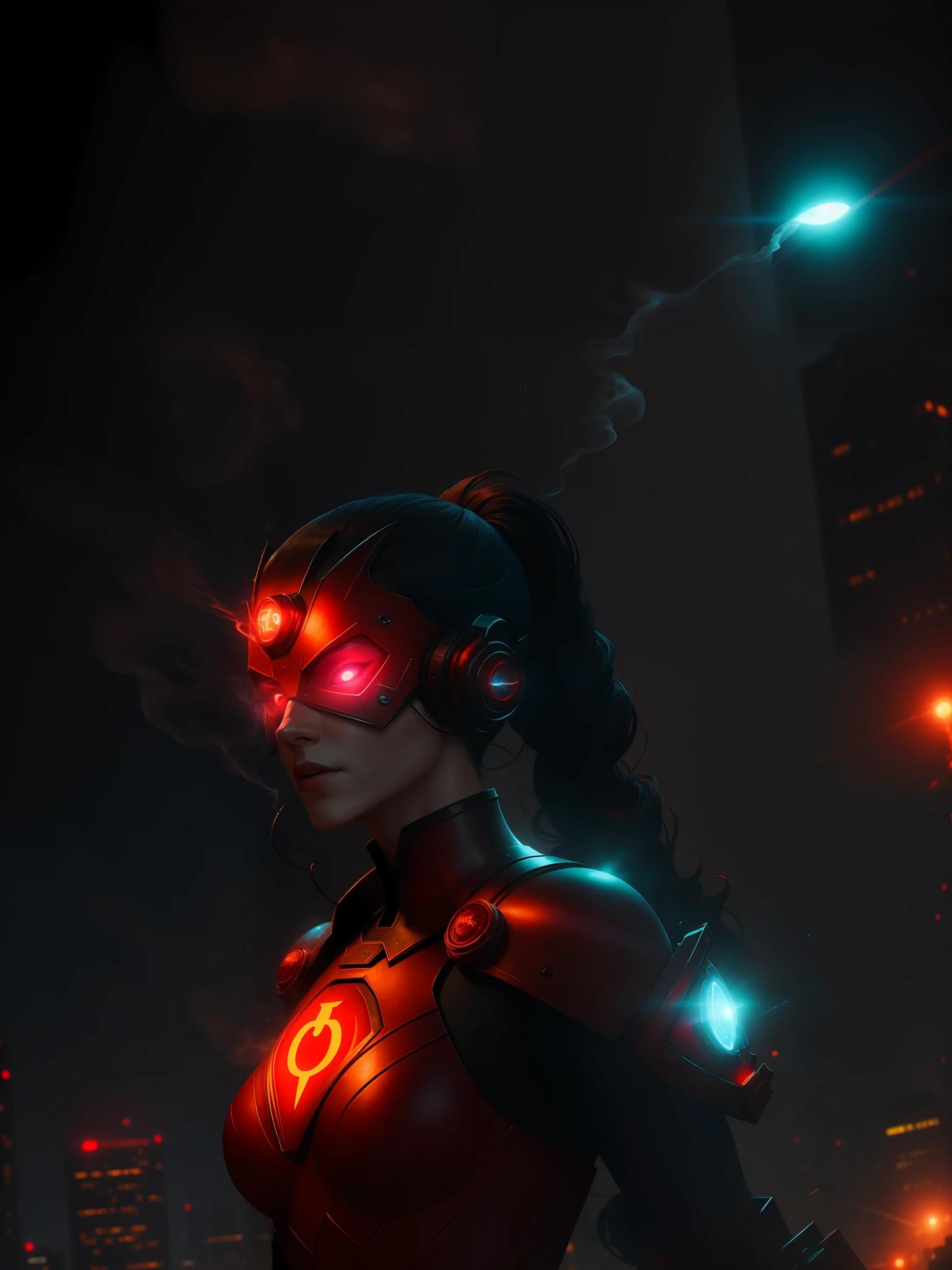 Scene from the movie, Woman dressed as Red Lantern from DC, extremely detailed, futuristic cityscape, nighttime, glowing neon lights, smoke, sparks, metal shavings, flying debris, blue energy effects, volumetric light