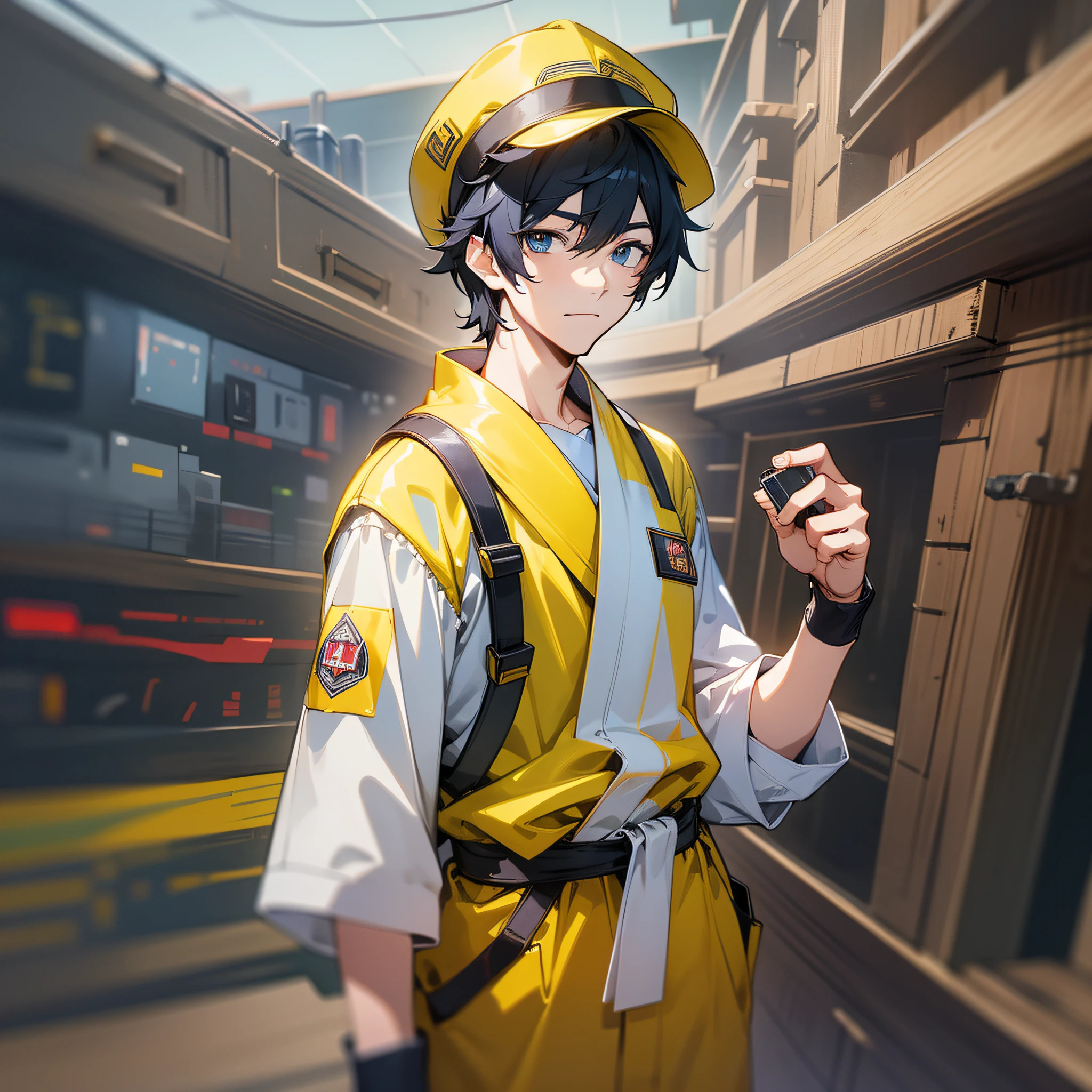 A man, wearing takeaway clothes and a yellow hat, stands in front of the camera, showing only the upper body (super intricate details), (super detailed CG: 1.2), anime art style, high quality 8K anime wallpaper, RGB lighting