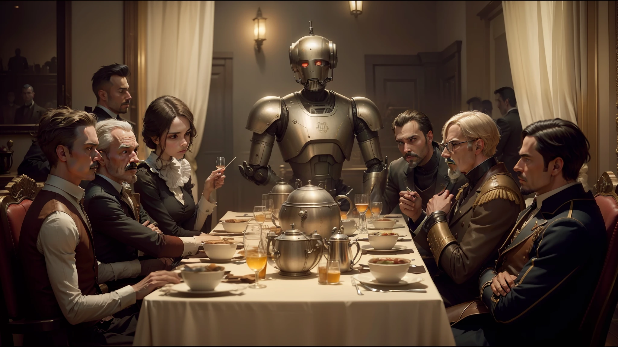 there are many people sitting around a table with a robot on it, erwin olaf, set in a steampunk world, at a dinner table, pierre pellegrini and ash thorp, promo image, animation still screencap, 2015 cinematography, droids, by Władysław Podkowiński, addams, hoyte van hoytema --auto --s2
