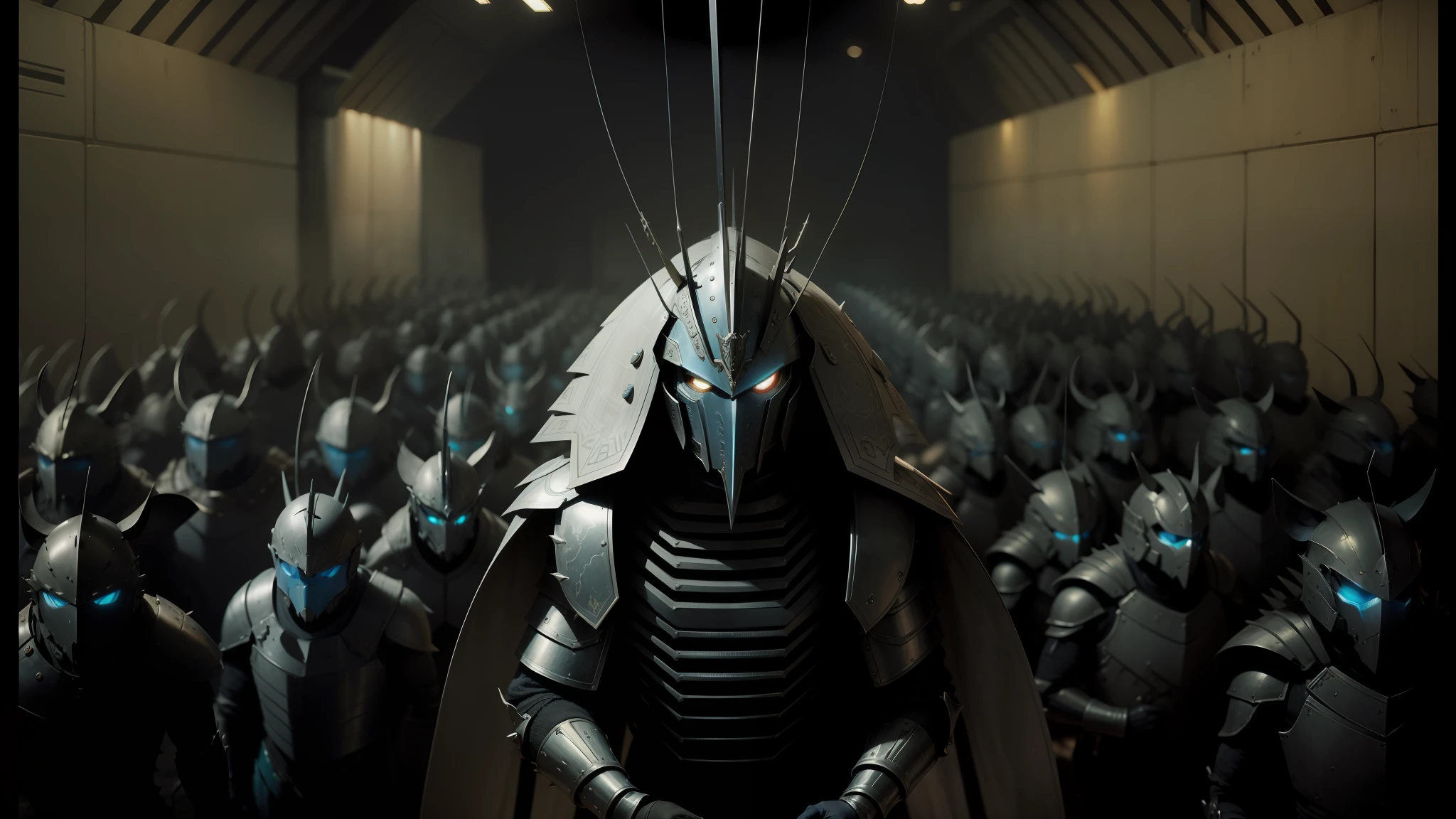 there is a man in a suit of armor standing in a large room, phalanx of ashigaru mice, inspired by Leon Wyczółkowski, detailed cinematic shot, cockroach character, blue android eyes, in a spiky tribal style, laika, by Matteo Pérez, movie screencap, chinese men in a prison, dream creature costumes, larvae --auto --s2