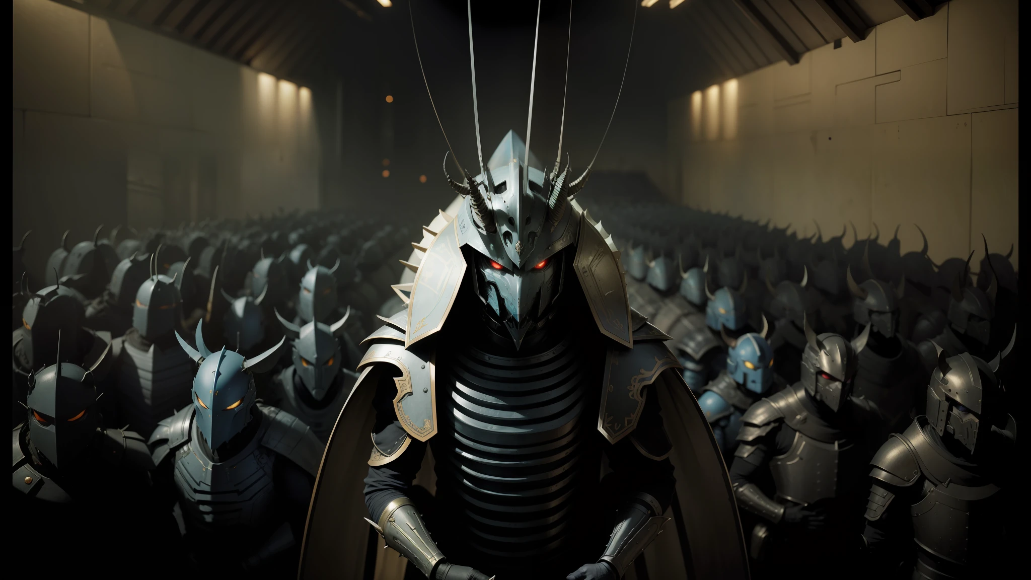 there is a man in a suit of armor standing in a large room, phalanx of ashigaru mice, inspired by Leon Wyczółkowski, detailed cinematic shot, cockroach character, blue android eyes, in a spiky tribal style, laika, by Matteo Pérez, movie screencap, chinese men in a prison, dream creature costumes, larvae --auto --s2