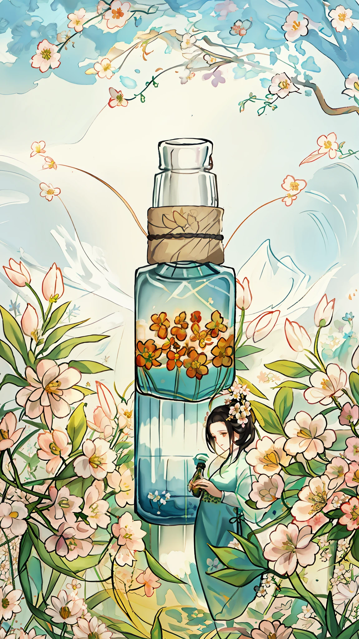 A white round bottle, surrounded by flowers, a young woman next to the bottle, woman looking at the bottle, delicate face, flowers, color, vitality, beauty, contrast, nature, life force, sunlight. Beautiful atmosphere, harmonious and comfortable integration