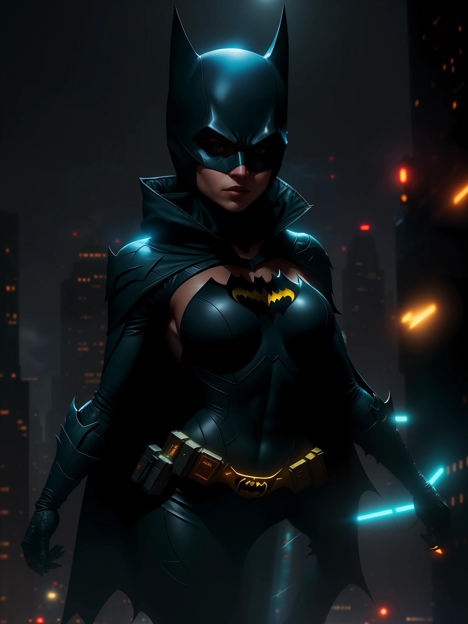Scene from the movie, Sexy Woman dressed as Batman from DC, extremely detailed, futuristic cityscape, nighttime, glowing neon lights, smoke, sparks, metal shavings, flying debris, blue energy effects, volumetric light