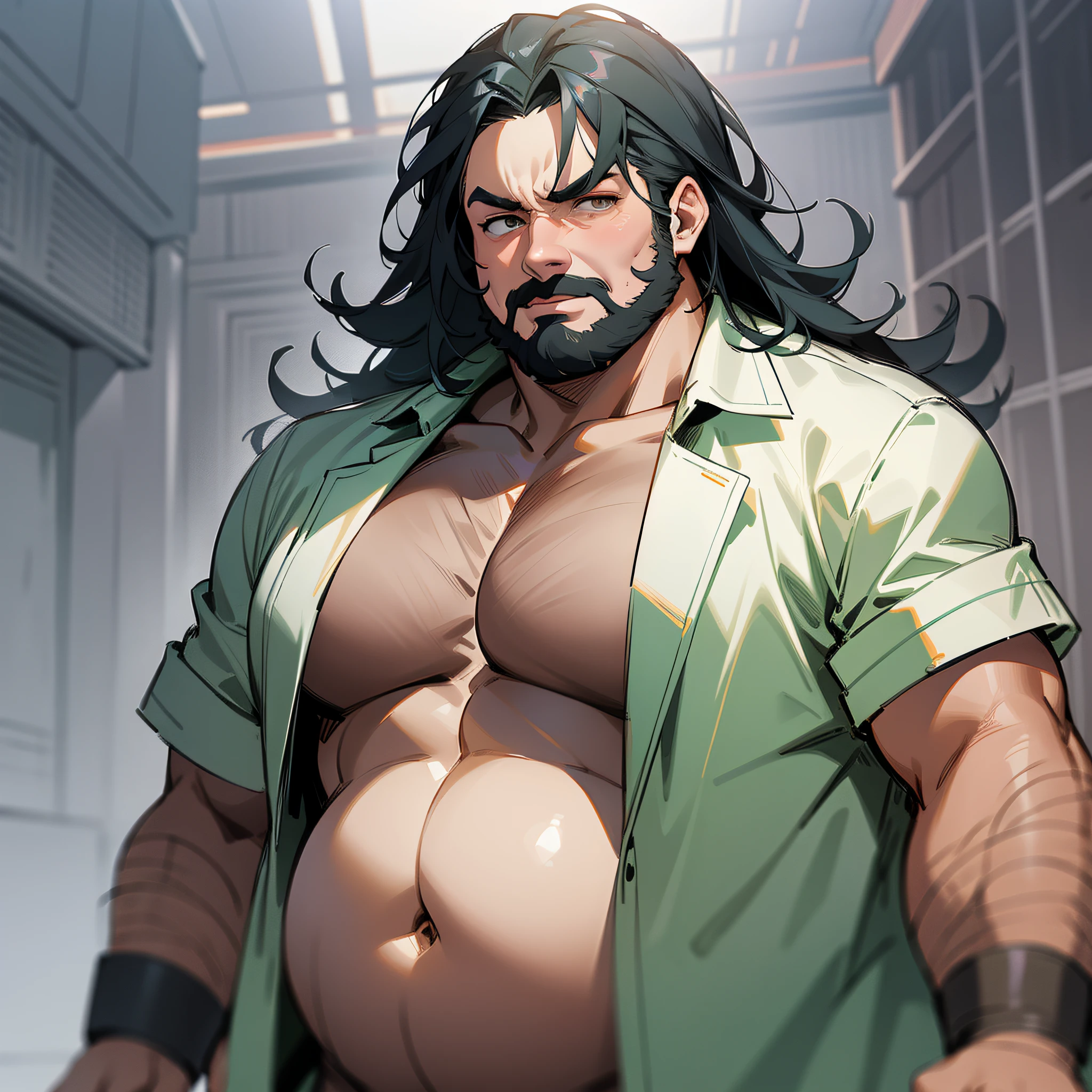 A fat, man in white pajamas. , fierce, evil, lewd expression only shows the upper body (super complex details), (super detailed CG: 1.2), anime art style,