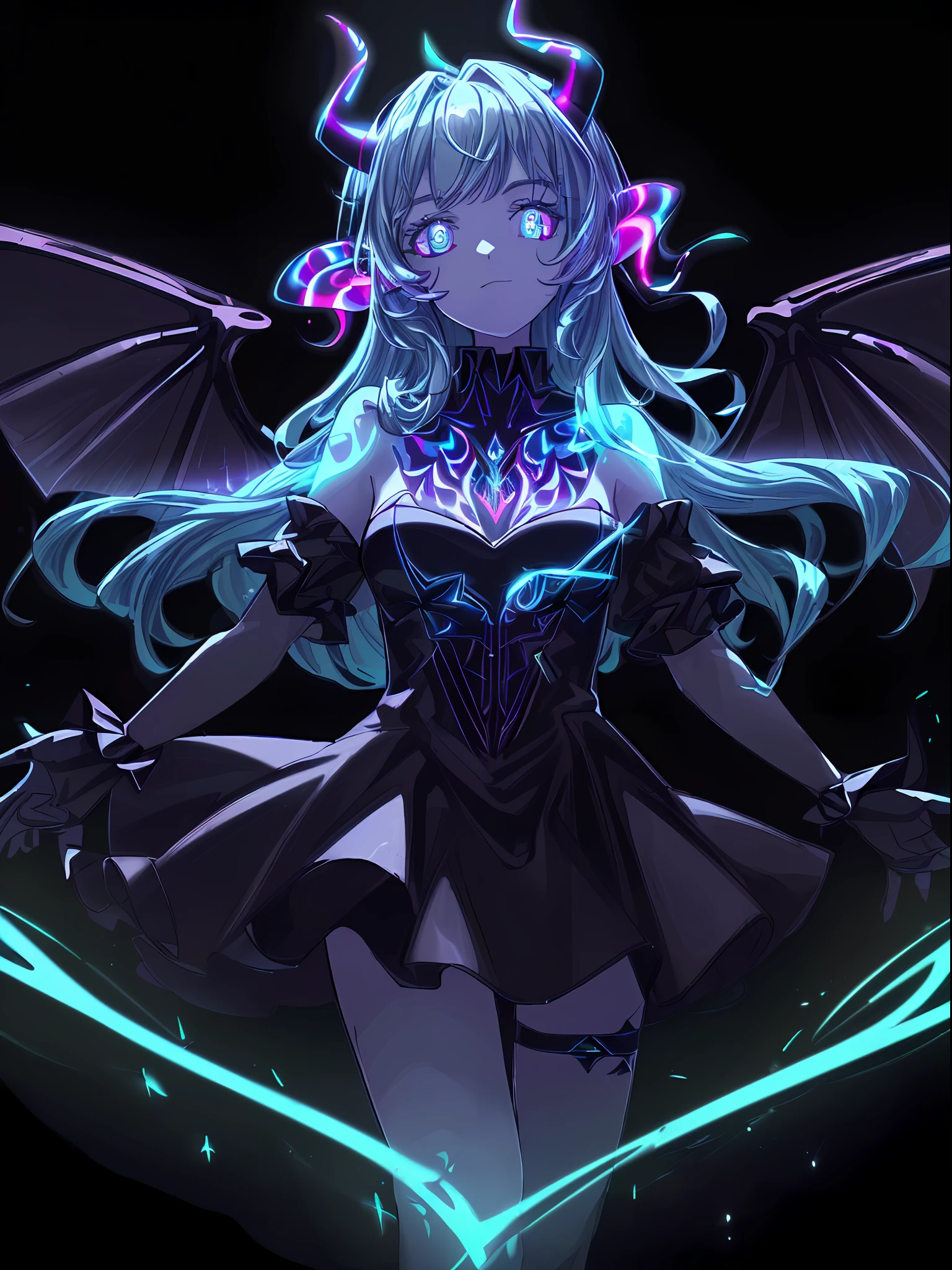 (Best Quality, UHD, 8K, Masterpiece:1.5), devil girl, wings, Glitter, neon, ((glowing horn:1.3, glowing tattoo:1.3, glowing eyes:1.3))