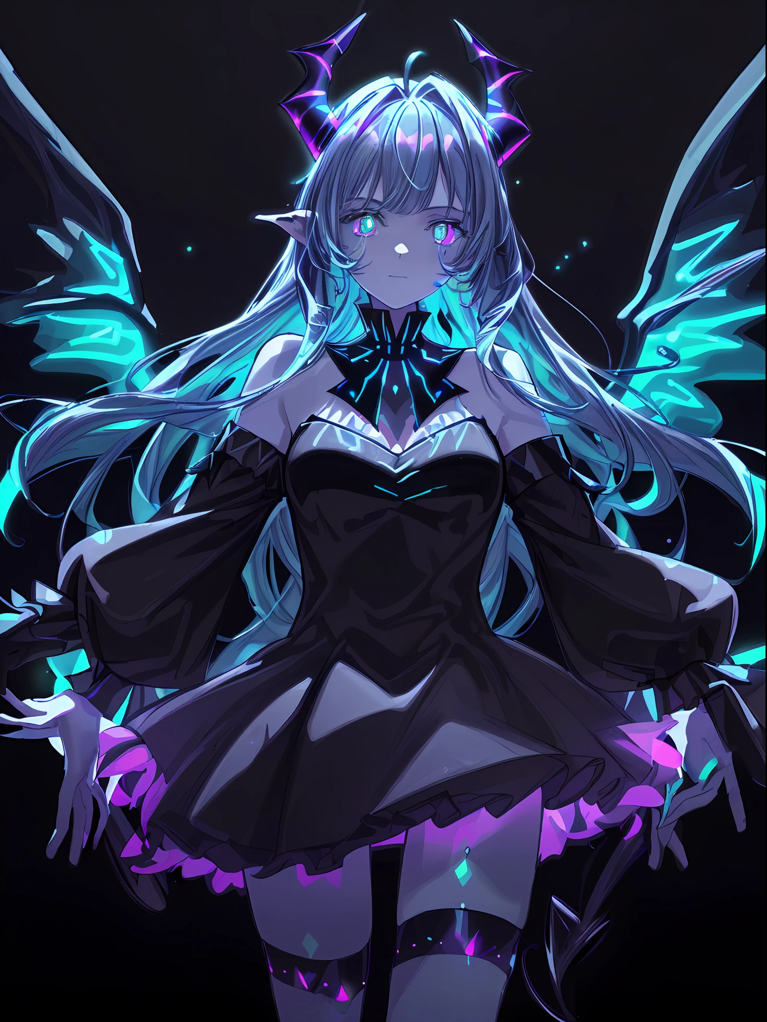 (Best Quality, UHD, 8K, Masterpiece:1.5), devil girl, wings, Glitter, neon, ((glowing horn:1.3, glowing tattoo:1.3, glowing eyes:1.3))