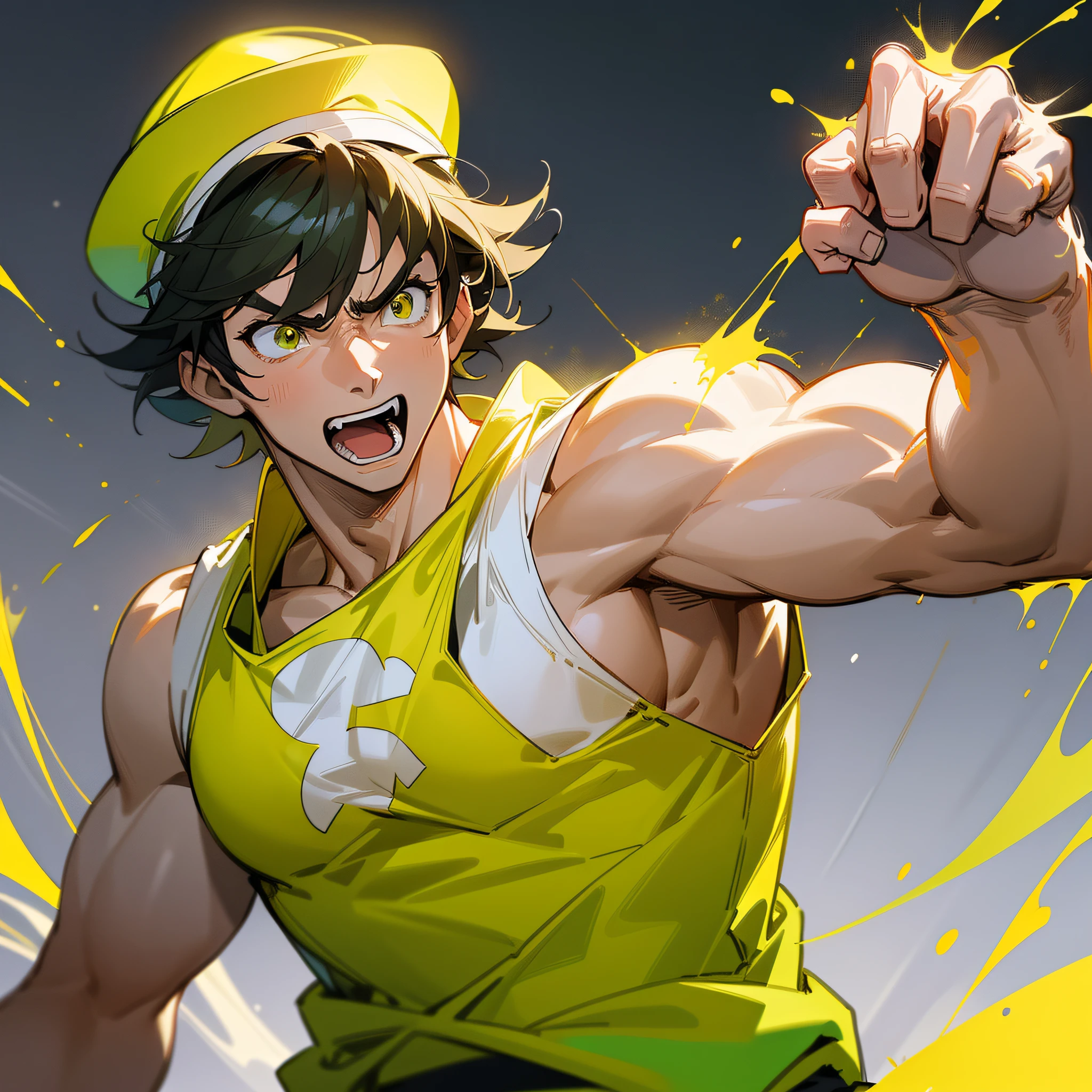 A man, wearing a white T-shirt yellow vest, takeaway clothes, wearing a yellow hat, with a very angry expression, clenched fists, a pose to hit someone, only showing the upper body (super complex details), (super detailed CG: 1.2), anime art style, high quality 8K anime wallpaper, RGB lighting