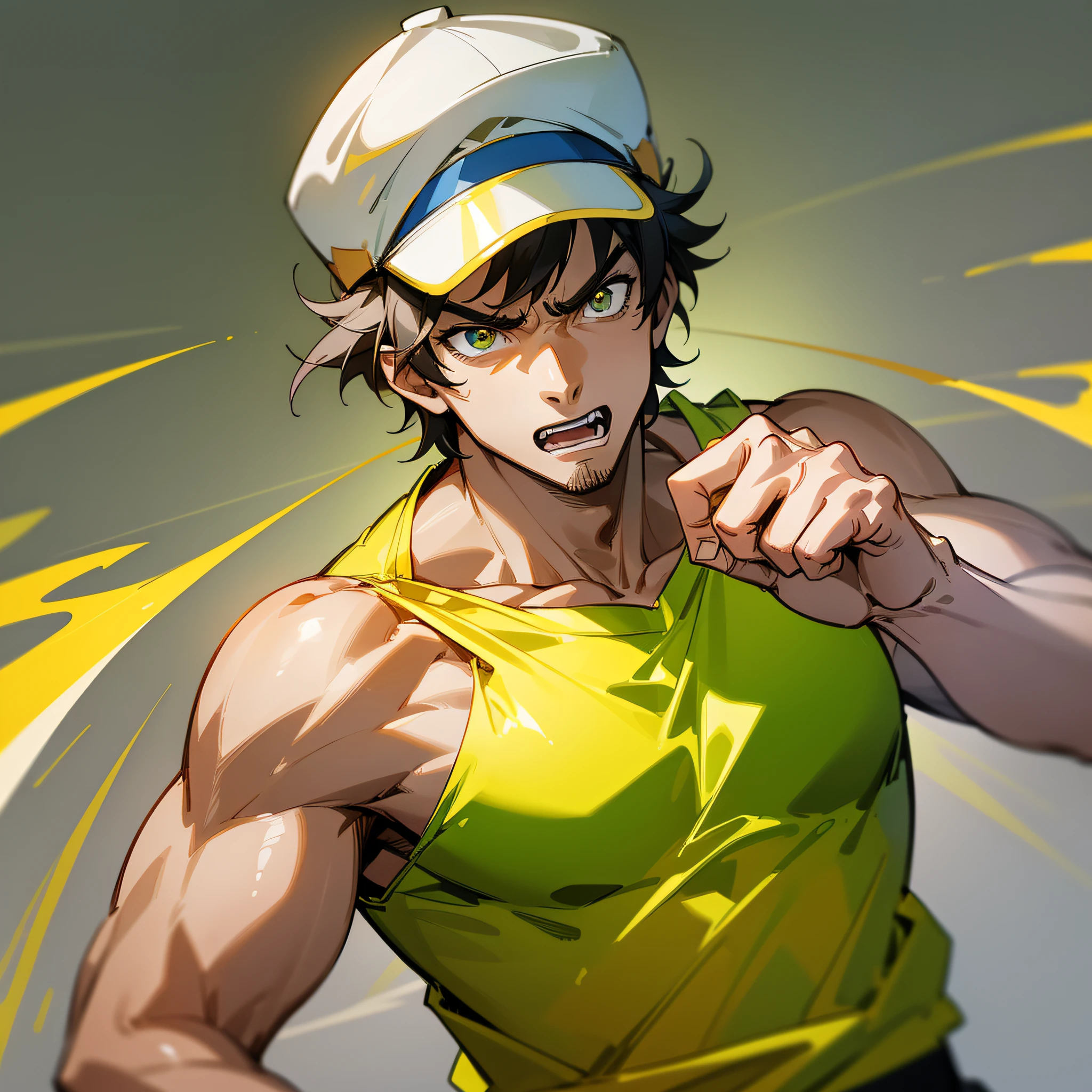 A man, wearing a white T-shirt yellow vest, takeaway clothes, wearing a yellow hat, with a very angry expression, clenched fists, a pose to hit someone, only showing the upper body (super complex details), (super detailed CG: 1.2), anime art style, high quality 8K anime wallpaper, RGB lighting