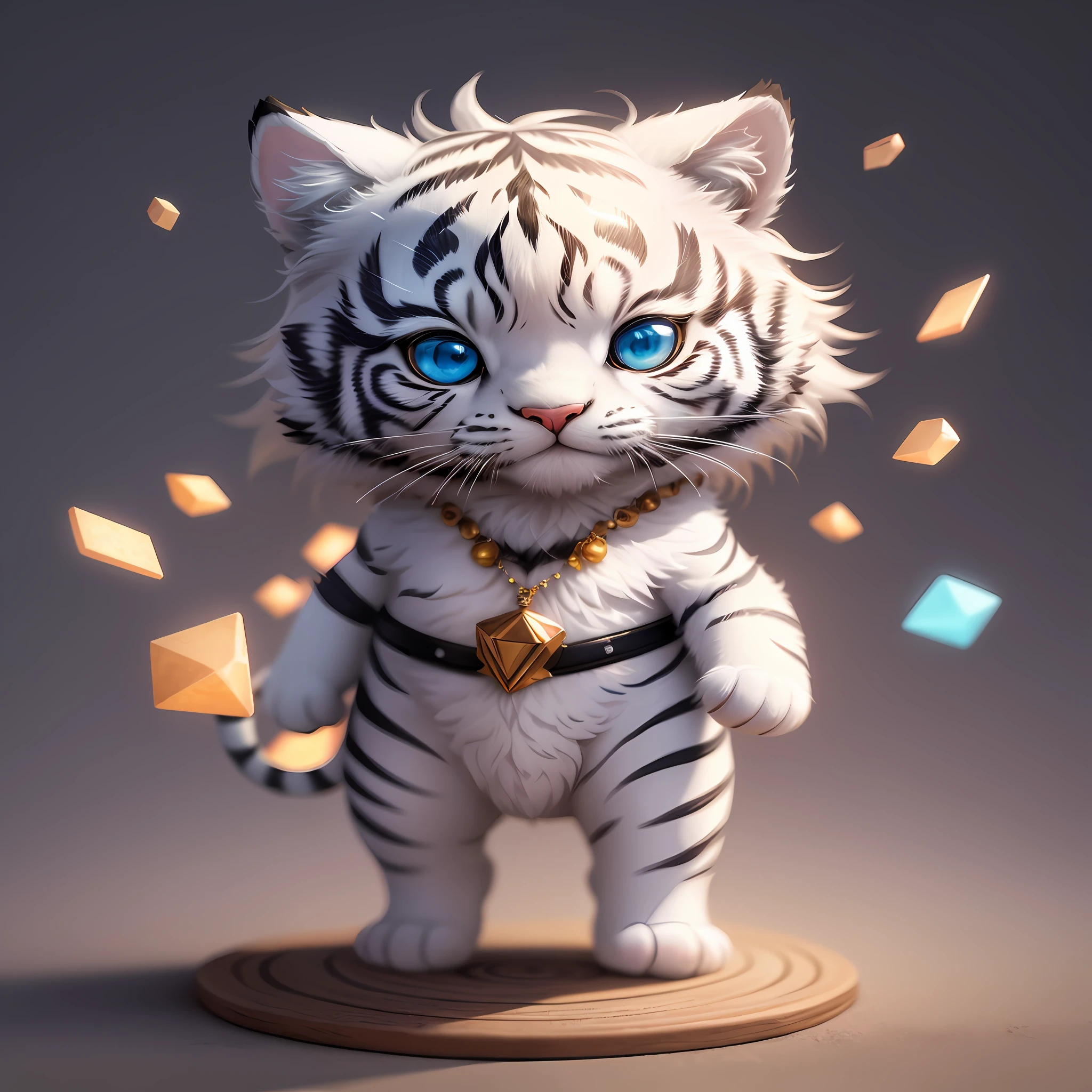 Cute hyper-realistic little white tiger, eyes of different colors, wearing a necklace, chibi, cute and fluffy, logo design, cartoon, movie lighting effects, charming, 3D vector art, cute quirky, fantasy art, background blur, hand drawn, digital painting, soft lighting, isometric style, 4K resolution, realistic rendering, highly detailed clean, vector images, realistic masterpieces, professional photography, simple space background, flat white background, isometric, vibrant vector, standing, limb independent, avatar material
