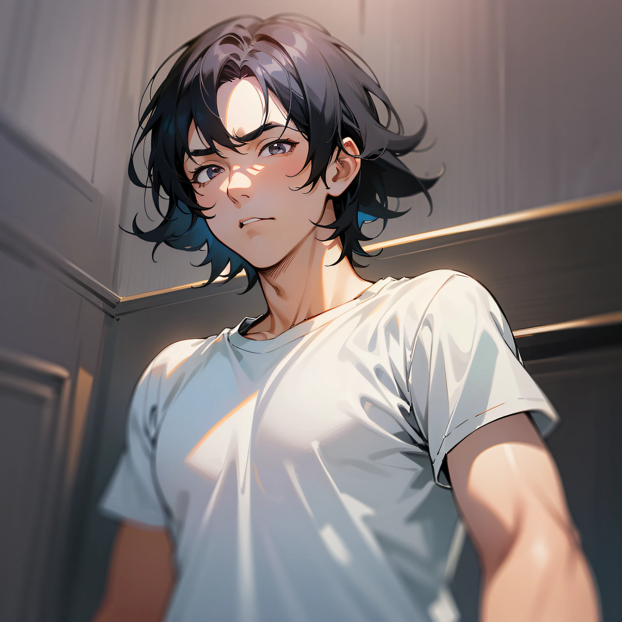 A man with black hair, wearing a white t-shirt, flat expression, background is courtroom, wide angle, only showing upper body (super detailed details), (super detailed CG: 1.2), anime art style, high quality 8K anime wallpaper, RGB lighting