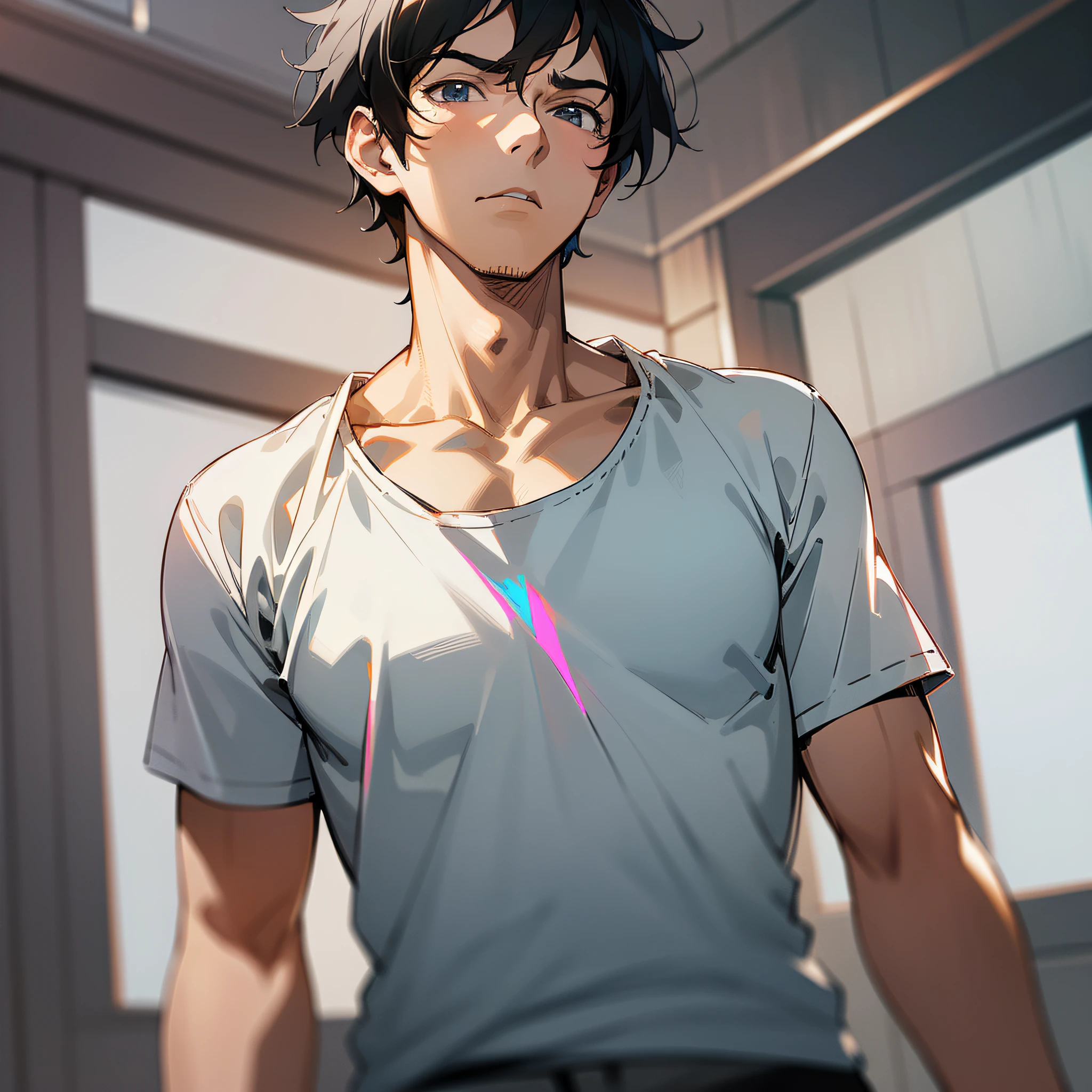 A man with black hair, wearing a white t-shirt, flat expression, background is courtroom, wide angle, only showing upper body (super detailed details), (super detailed CG: 1.2), anime art style, high quality 8K anime wallpaper, RGB lighting