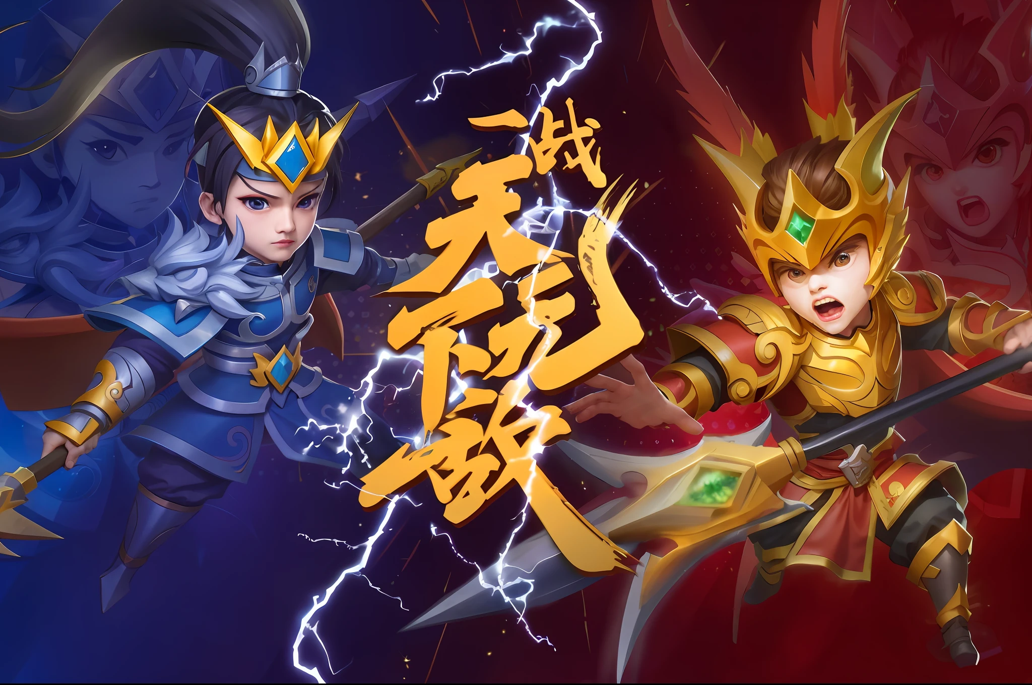 two anime characters with swords and lightning in the background, xianxia hero, chinese three kingdoms, xianxia fantasy, yiqiang and shurakrgt, heise jinyao, mobile game, inspired by Pu Hua, intense battle, onmyoji, battle between good and evil, inspired by Ju Lian, xianxia, fantasy battle, mobile game style