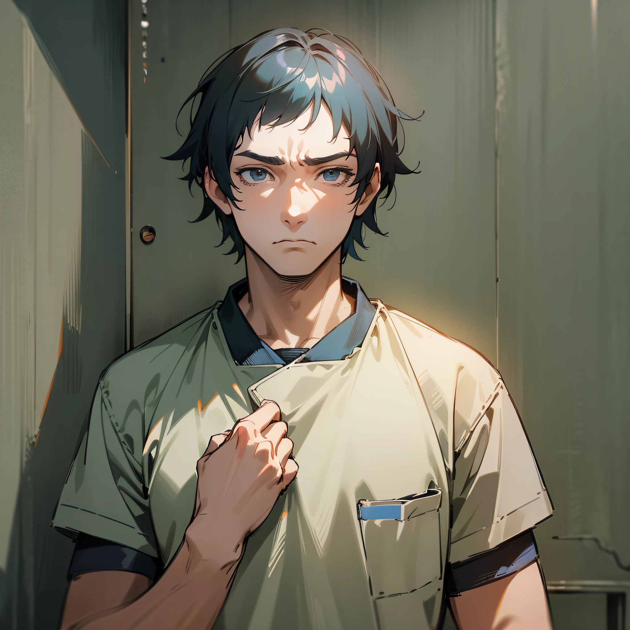 A man, wearing prison uniform, flat expression, background in prison cell, showing only upper body (super intricate details), (super detailed CG: 1.2), anime art style, high quality 8K anime wallpaper, RGB lighting