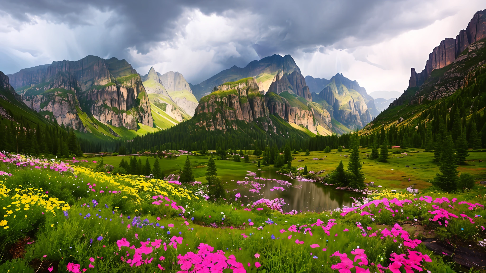 magical,  landscape, mysterious, luminous, dreary, complex, bloom, dreary. expansive, magnificent, god rays, storm, lightning, mountains, valley, boulders, trees, flowers, lake