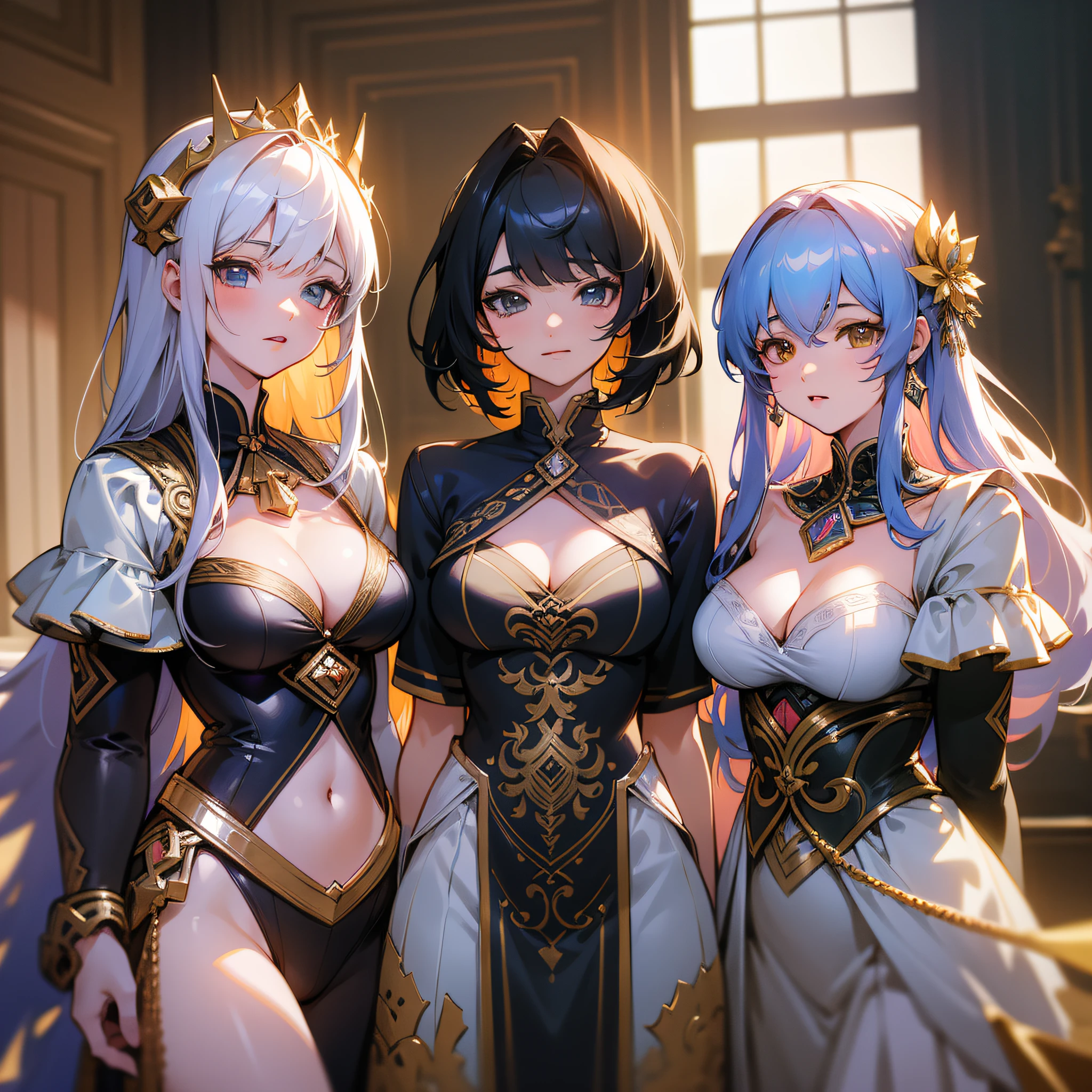 Three beautiful beauties, showing only the upper body (super intricate details), (super detailed CG: 1.2), anime art style, high quality 8K anime wallpaper, RGB lighting