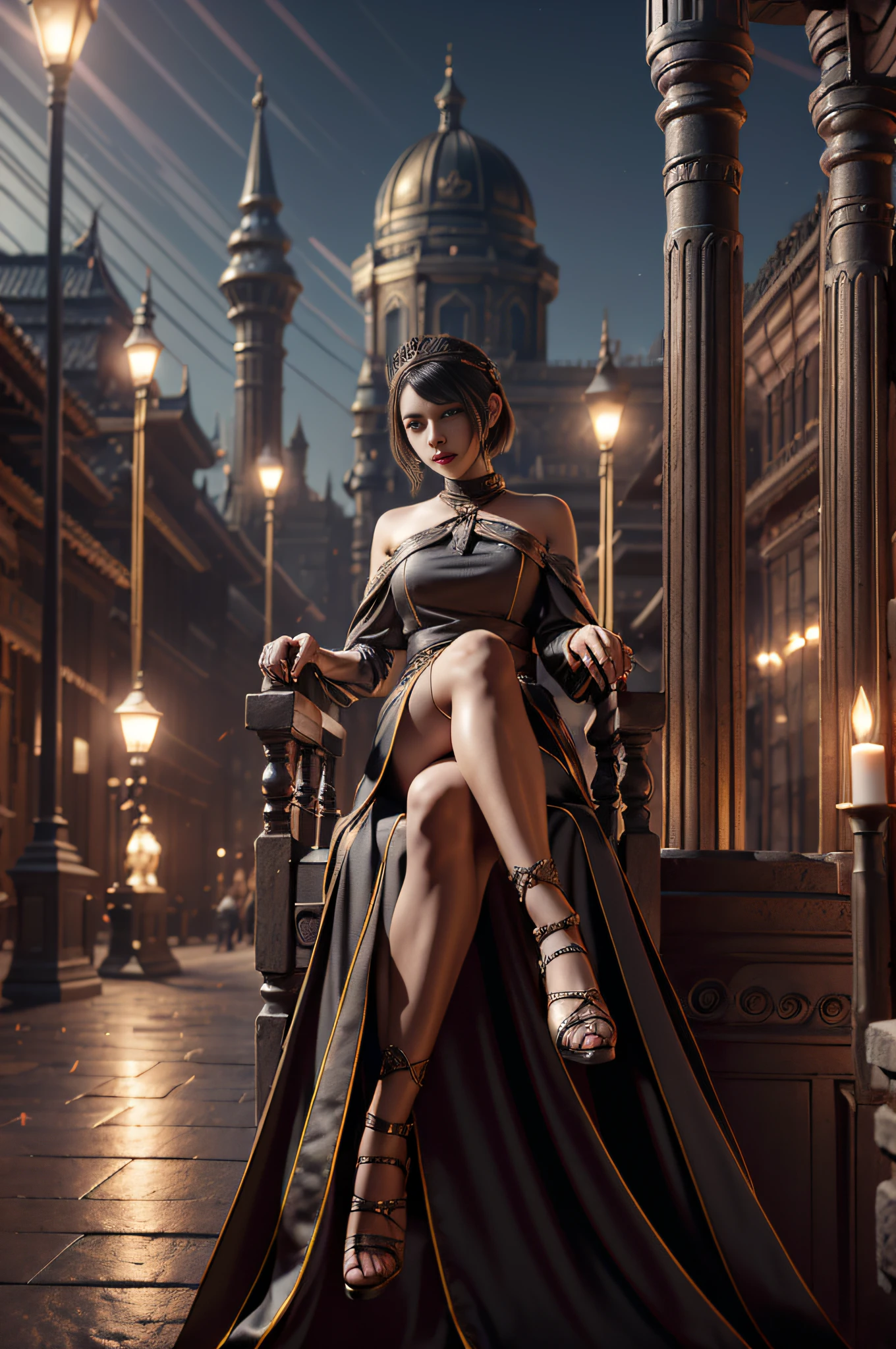 Long hair, dark outdoor background, baroque, dark night environment, gothic art, legs crossed, legs crossed, premium tones, dark style, goddess, caparison cloth, queen, sitting on gorgeous chair, pair of long legs, stocking legs, girl, red lips, 8k, masterpiece, best quality, art book, game_cg, wallpaper, 8k, ultra definition, rtx, octane, (no_light:1), (no shadow: 0.5), flood illumination, glowing eyes, Lips apart, imposing majestic palace background, short hair girl, short hair girl, short hair girl, delicate face, details, face details