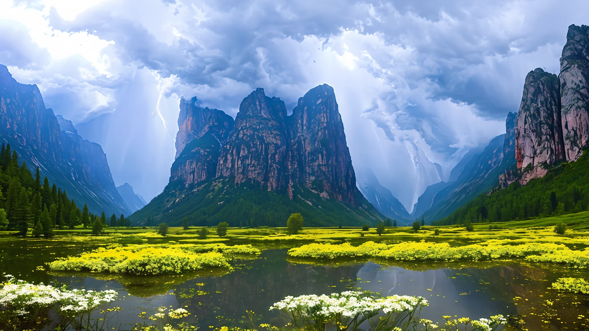 magical,  landscape, mysterious, luminous, dreary, complex, bloom, dreary. expansive, magnificent, god rays, storm, lightning, mountains, valley, boulders, trees, flowers, lake