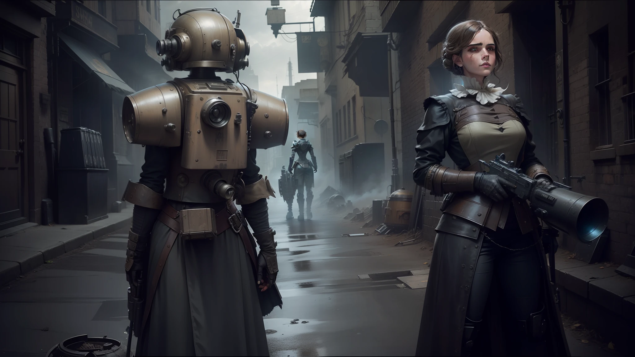 there are two women in costumes standing in a dark alley, inspired victorian sci - fi, vfx art, fallout power armor, emma watson for victorian secret, symmetrical dieselpunk warrior, peter hurley, post - apocalyptic warriors, historical reenactment, droids --auto --s2