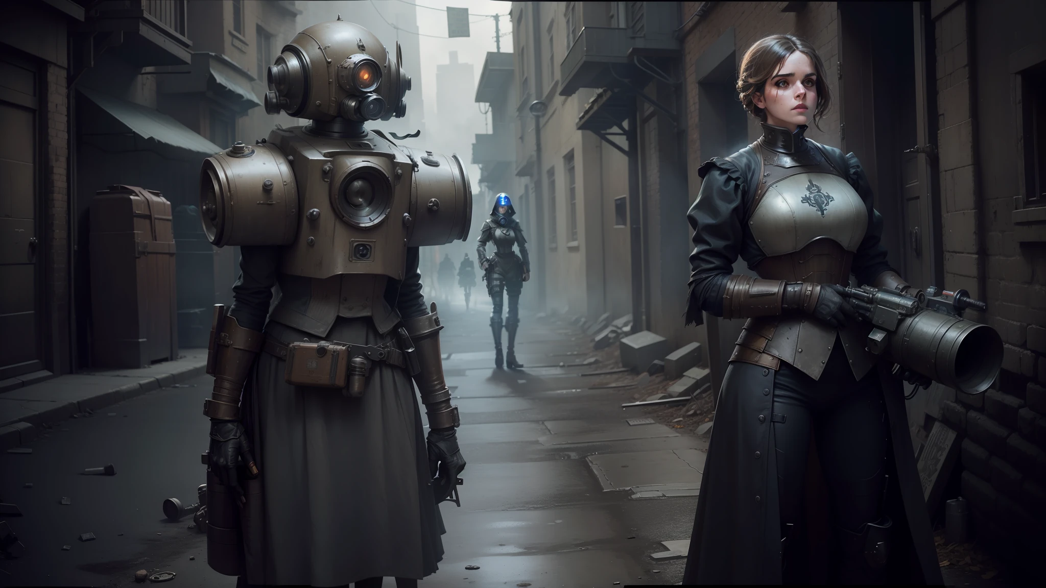 there are two women in costumes standing in a dark alley, inspired victorian sci - fi, vfx art, fallout power armor, emma watson for victorian secret, symmetrical dieselpunk warrior, peter hurley, post - apocalyptic warriors, historical reenactment, droids --auto --s2