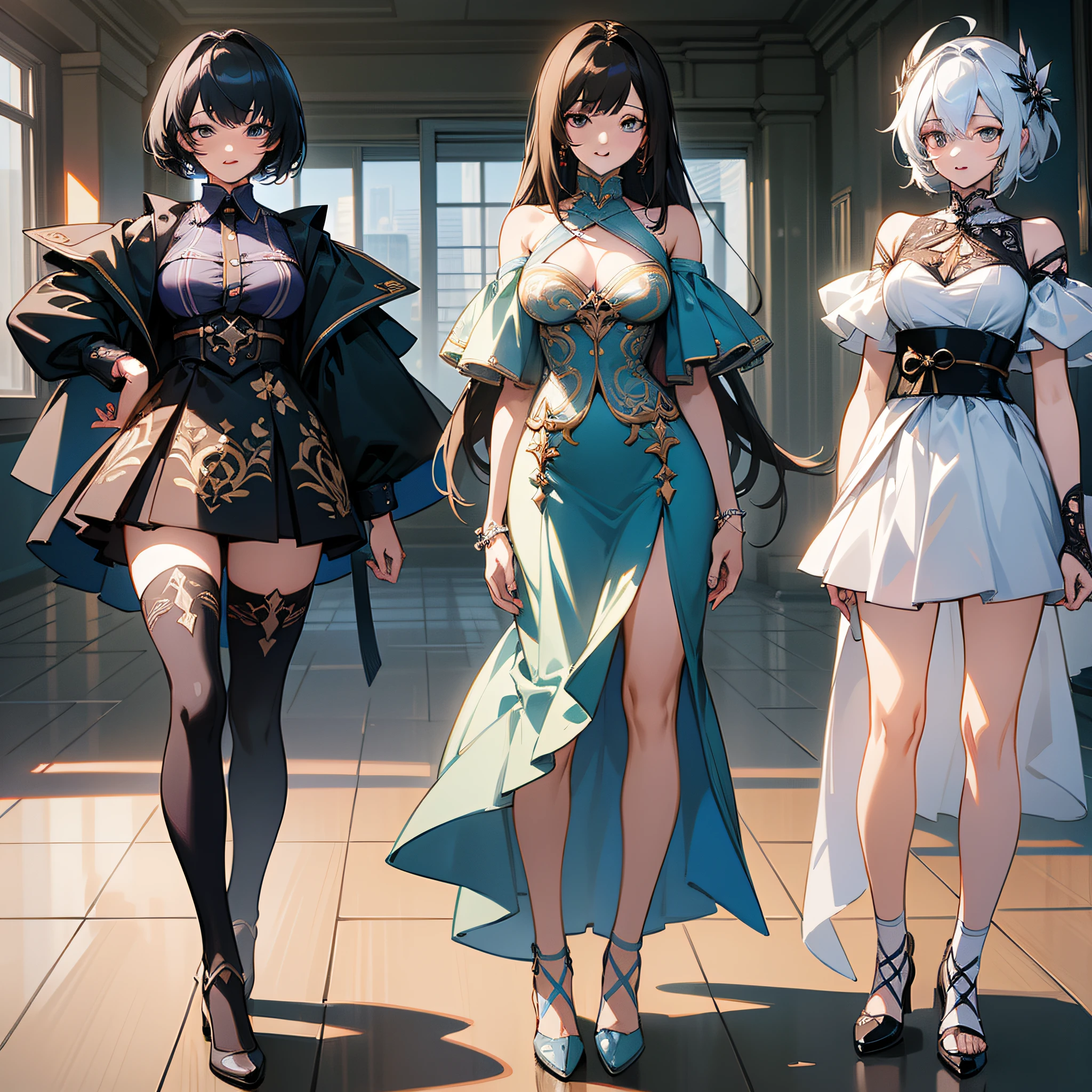 Three beautiful beauties, dressed in modern clothes, different styles, showing only the upper body (super intricate details), (super detailed CG: 1.2), anime art style, high quality 8K anime wallpaper, RGB lighting